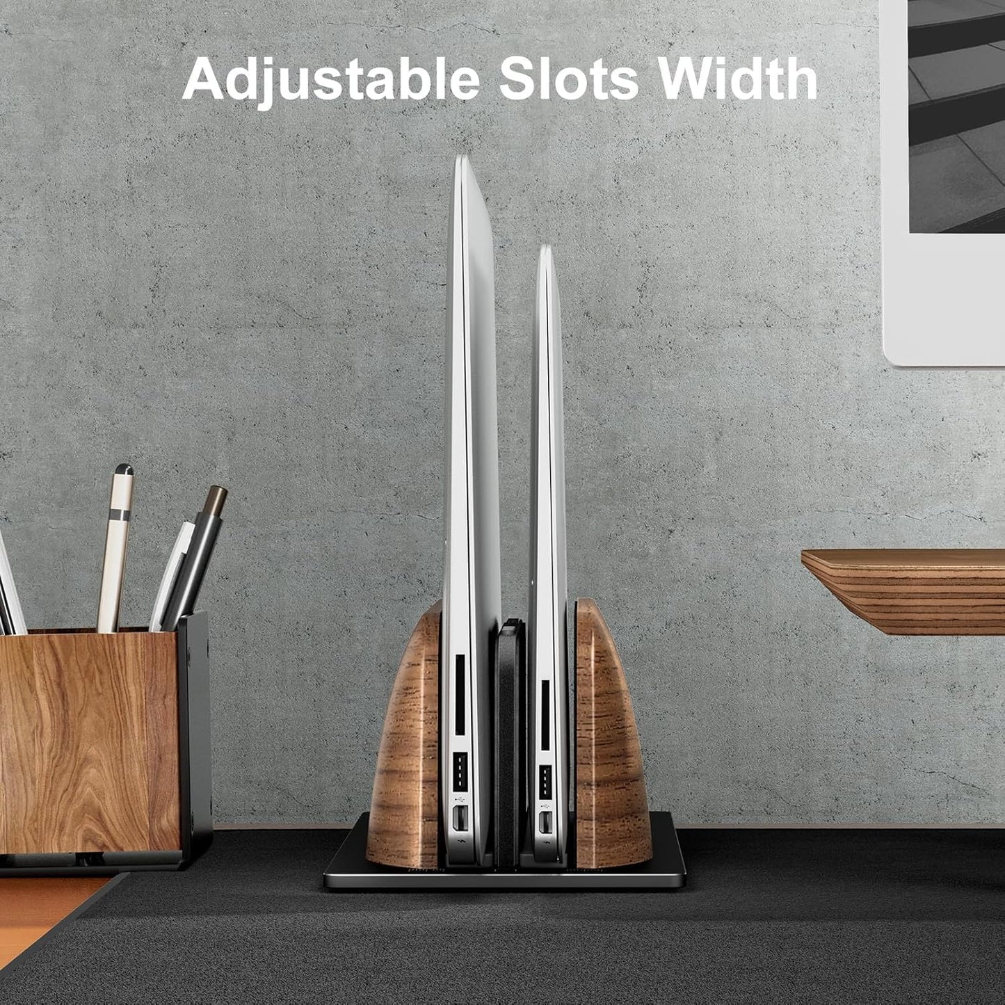 Vertical Laptop Stand, Dual Slot Walnut Wood Laptop Holder for Desk, Natural Wooden & Aluminium Width Adjustable Dock for MacBook and Other Laptops