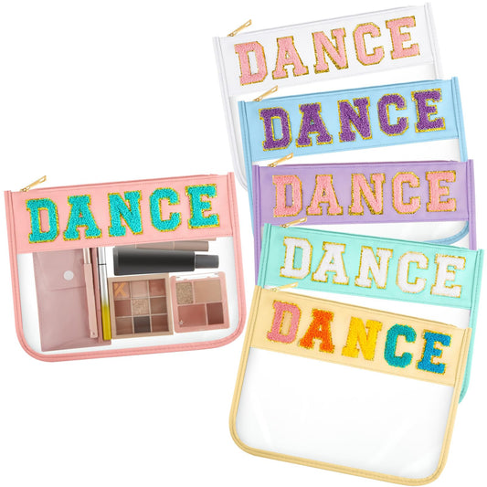 Aliceset 6 Pcs Dance Chenille Letter Preppy Patch Makeup Snack Bags,Gift for Women Waterproof PVC Cosmetic Organizer Storage,Flat Clear Portable Toiletry Zipper Pouch(Candy Color)