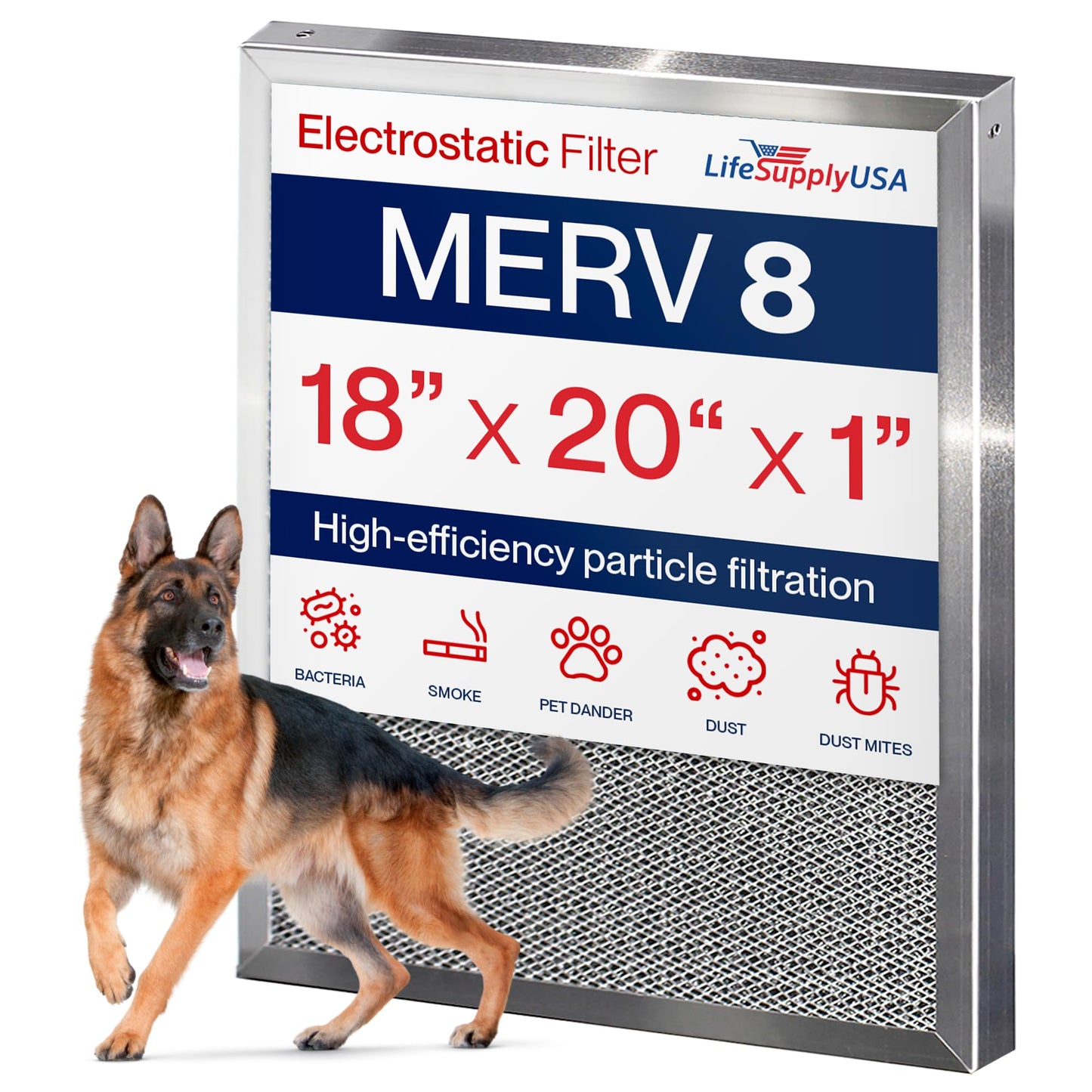 18x20x1 Electrostatic Air Filter, MERV 8, Washable, Reusable Furnace AC/HVAC Filter, Energy Saving, Easy to Clean, Long-Lasting by LifeSupplyUSA