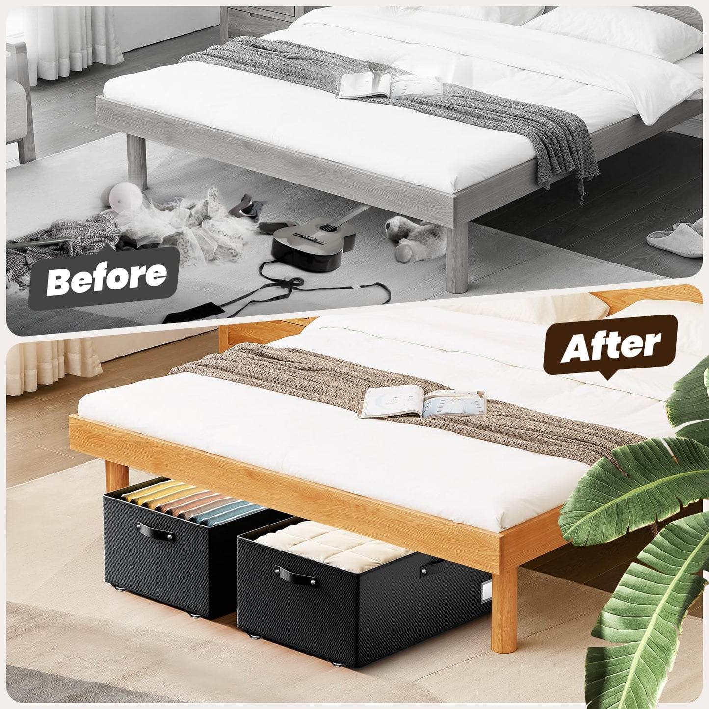 Dayacoco Under Bed Storage with Wheels, 2 Pack Under Bed Storage Containers with Clear Lids, 10 inch Rolling Under Bed Metal Drawer for Clothes, Shoes, Toys, Books, Blankets (Black)