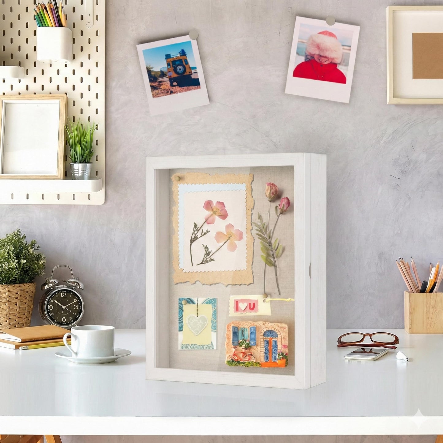 Love-KANKEI Shadow Box Frame 11x14 Shadow Box Display Case with Linen Back Memorabilia Awards Medals Photos Memory Box Rustic White