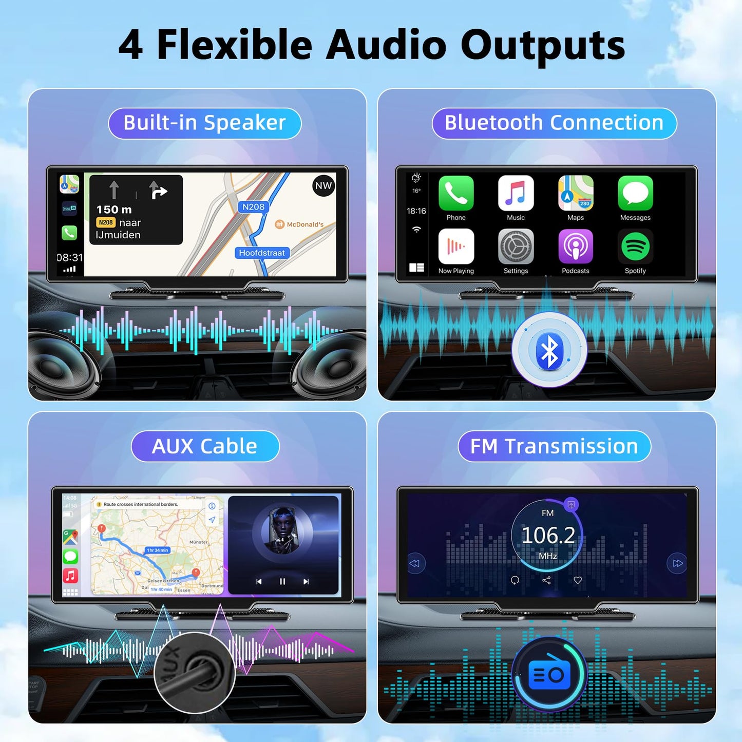 10.26 Inch Wireless Apple Carplay Screen for Car, Apple Car Play and Android Auto Screen with 4K Dash Cam Front and Rear Camera HD 1080P/FM/AUX/64G TF/Mirror Link/Voice Control/GPS Navigation