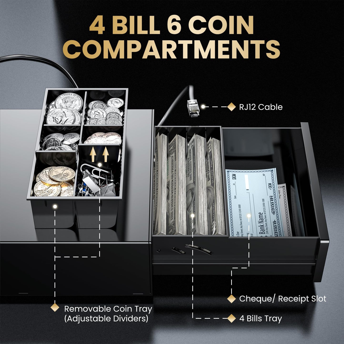 Tera Cash Register Drawer 8" Mini: 4 Bill 6 Coin Small Cash Drawer Auto Open with Media Slot 24V RJ12 Cable for POS System Key-Lock Removable Coin Separators for Small Business Retail Counter 208