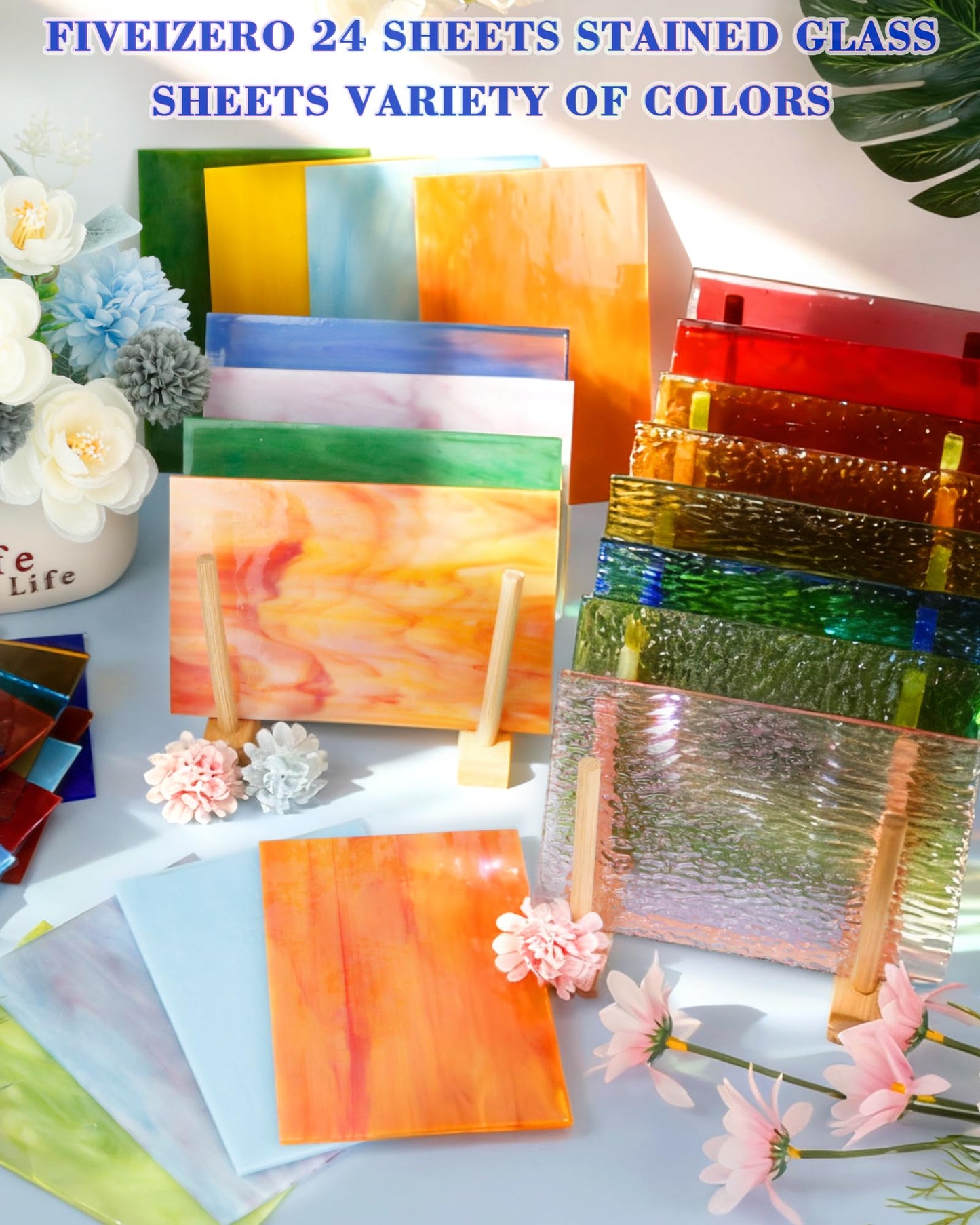 FIVEIZERO 24 Sheets Rainbow Transparent Stained Glass Sheets 4x6 Inch – Mixed Color Stained Glass Supplies for Suncatchers, Mosaic Glass Crafts, Fused Glass Supplies, Window Art & DIY Projects