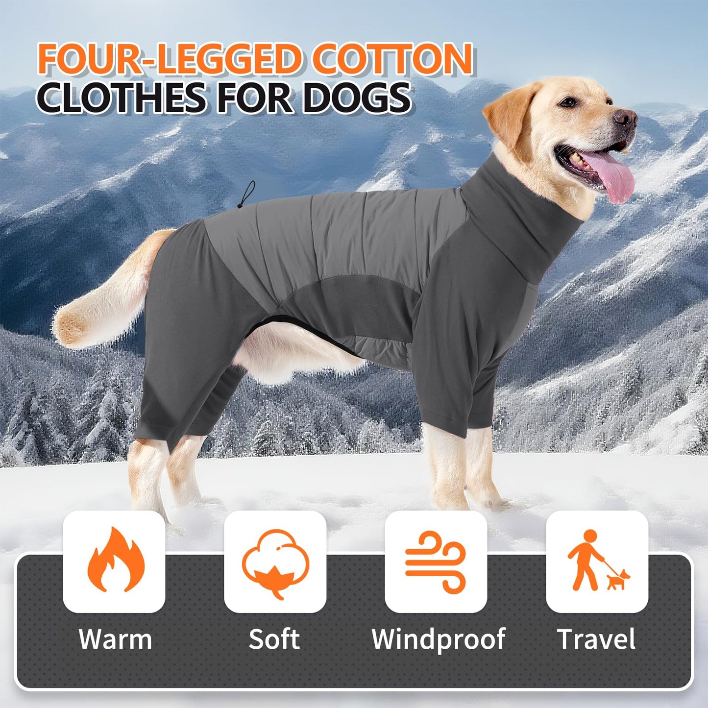 BRKURLEG Full Body Dog Winter Coat Warm Fleece Pullover Pajamas, Four Legs Covered Windproof Dog Jacket for Small to Large Dogs, Turtleneck Dogs Snowsuit, Pet Cold Weather Clothes, Grey M