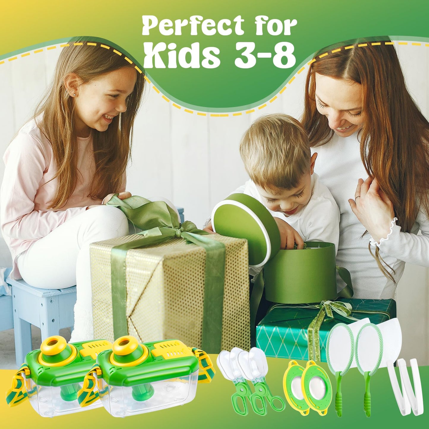 JYNTERPLAY 2 Pack Bug Catcher for Kids Insect Catching Kit 360° Rotating Viewing Angle with Butterfly Net Tweezer Magnifying Glass Clamp Outdoor Explorer Activities for Age 3-5 5-8 8-12