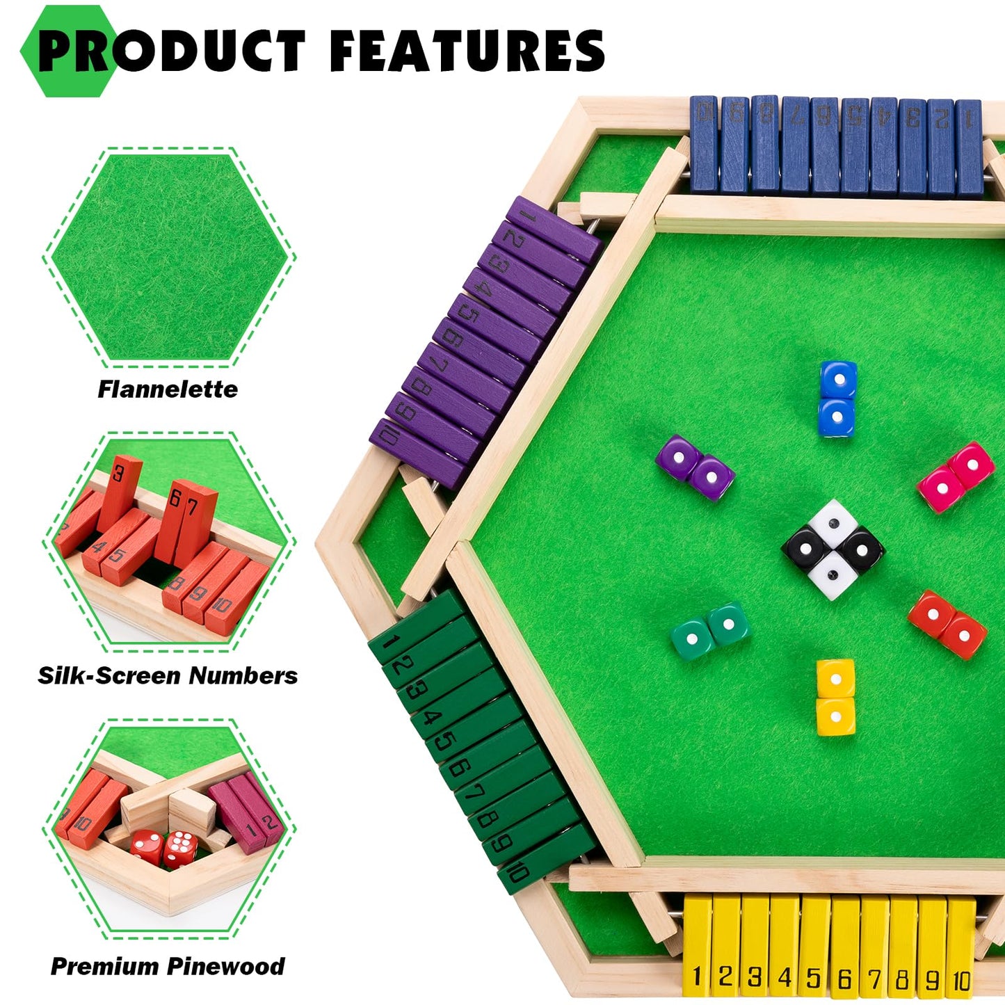 Shut The Box Dice Games for 2-6 Players, Wooden Board Table Math Game with 16 Dice and Instructions, Classics Close The Box Board Game for Adults Kids, Family Classroom Home or Bar