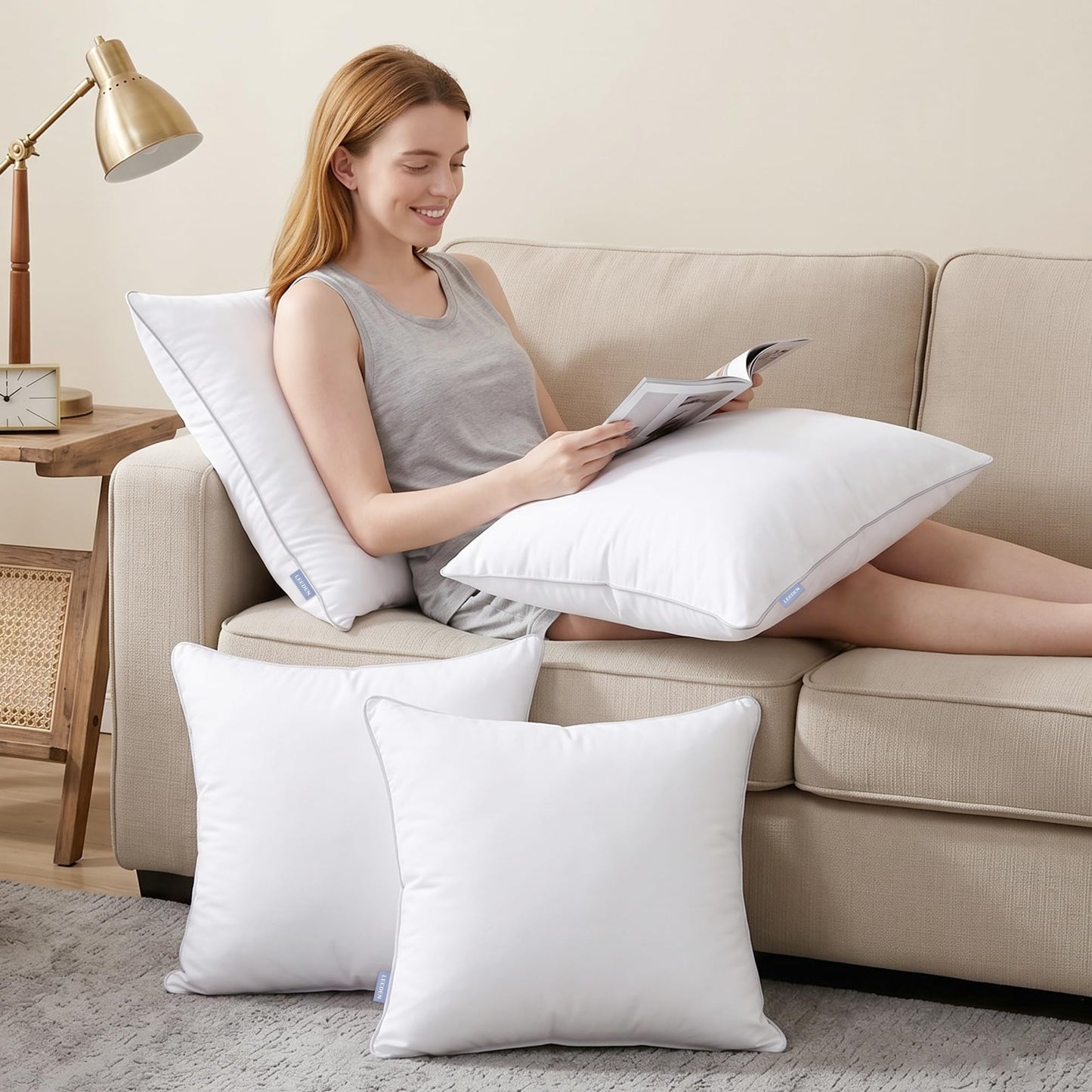 Leeden 18 x 18 Pillow Inserts (Set of 2) - Throw Pillow Inserts with 100% Cotton Cover - 18 Inch Square Interior Sofa Pillow Inserts - Decorative Pillow Insert Pair - White Couch Pillow