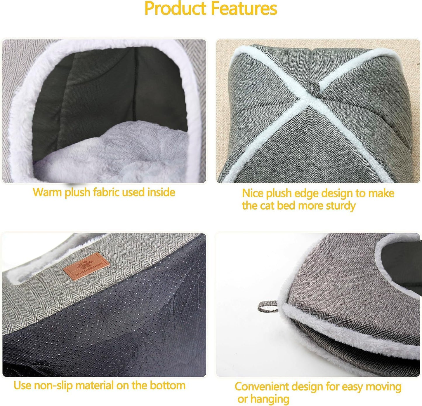 WINDRACING cat beds for Indoor Cats, Foldable cat Bed cave, cat House with Washable Cushions, cat Bed for Kittens, Small Pets, cat Tent, Soft and Warm Indoor cat House, Gray