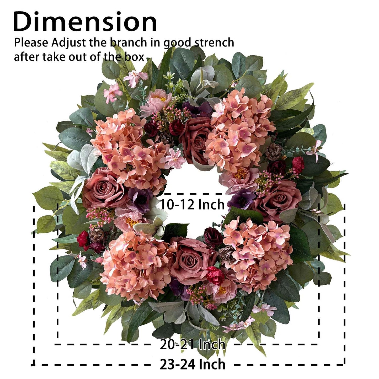 WANNA-CUL 24 Inch Spring Hydrangea Wreaths for Front Door,Spring Door Wreath with Rustic Pink Rose and Peony Flower for Wedding or Mothers Day Wreath Decor