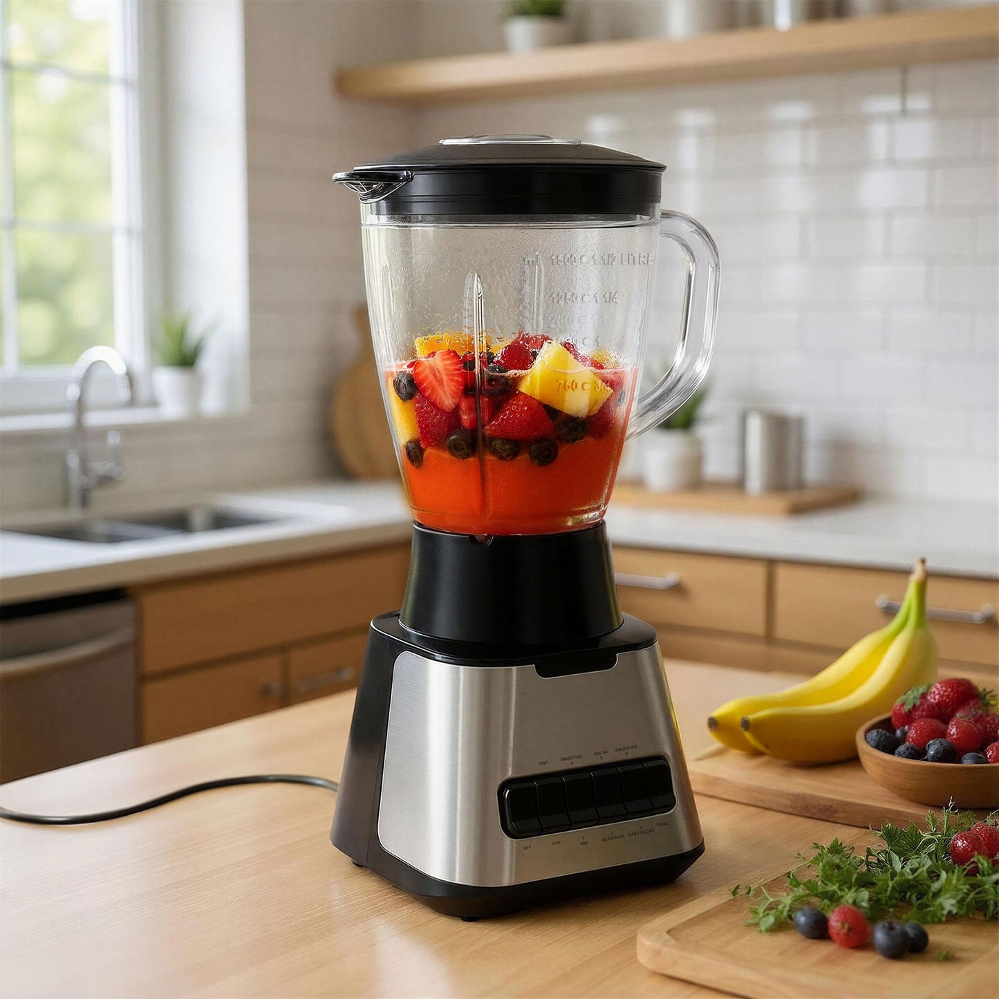 Amazon Basics 6-Cup (50 Fl. Oz) Countertop Blender, with 6 Pre-Programmed Functions, Pulse, Ice Crush, Stainless Steel Blades, Glass Jar, Up to 700W, Black & Silver