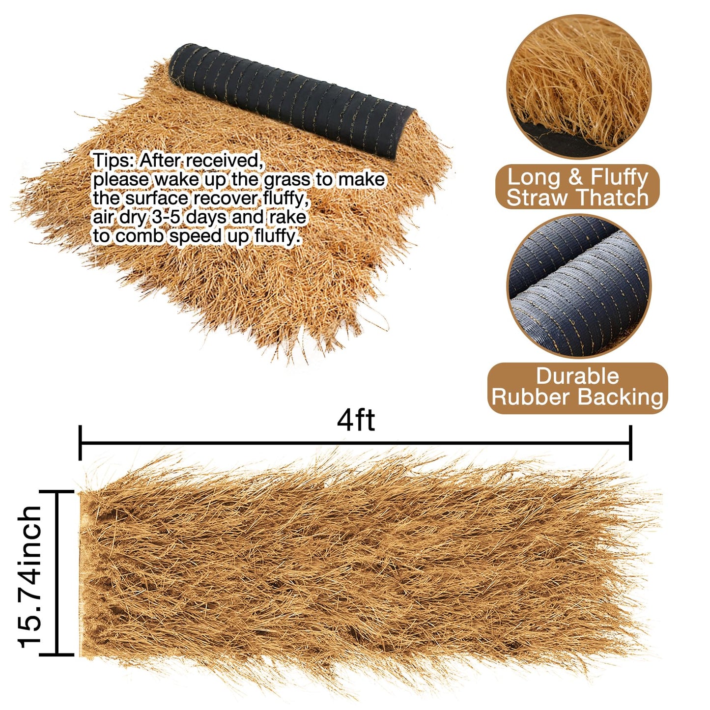 XLX TURF Firproof Synthetic Thatch Straw Grass Roof, Mexican Yellow Artificial Palm Thach Rolls for Tiki Bar Hut, Patio, Duck Boat Blinds, Party, Garden Decor, Palapa Thatch Roofing, 15.74" x 4'