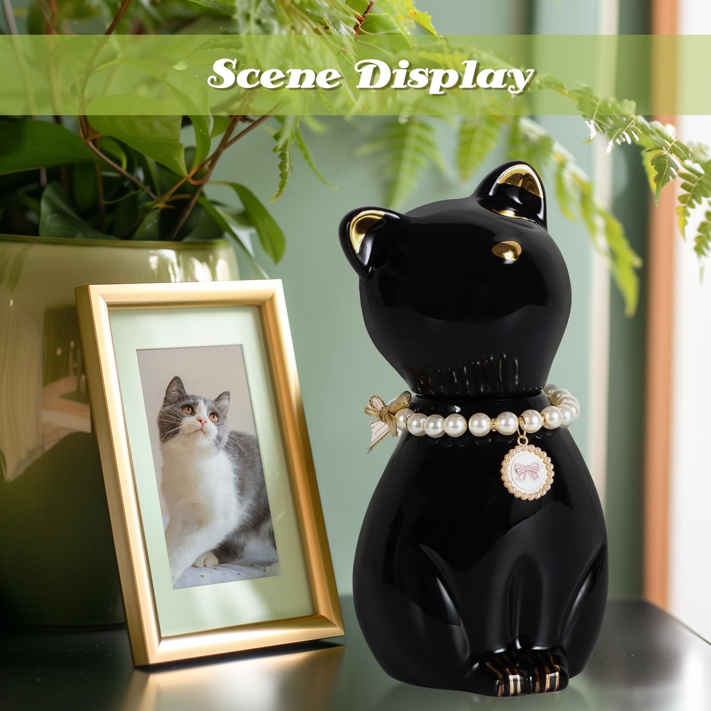 DiDiBirDi Cat Urns for Ashes, Elegant Ceramics Pets Cremation Keepsake, Black Pet Urns for Cats Memorial Box with Personalized Necklace (20lbs)