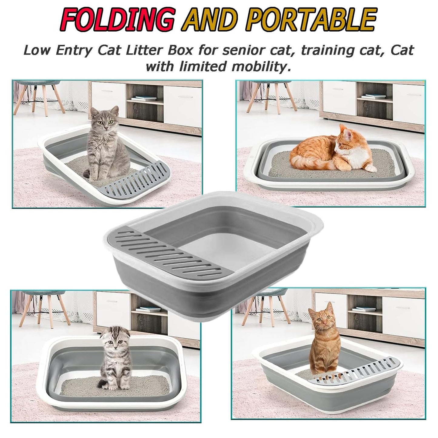 PMFRUG Open Cat Litter Box,Large Kitten Potty Pan Semi-Enclosed Foldable Travel Odorless Cat Toilet Low Entrance Standard Litterbox for Indoor Small Pet Kitty Rabbit Supplies Easy to Clean (Grey)