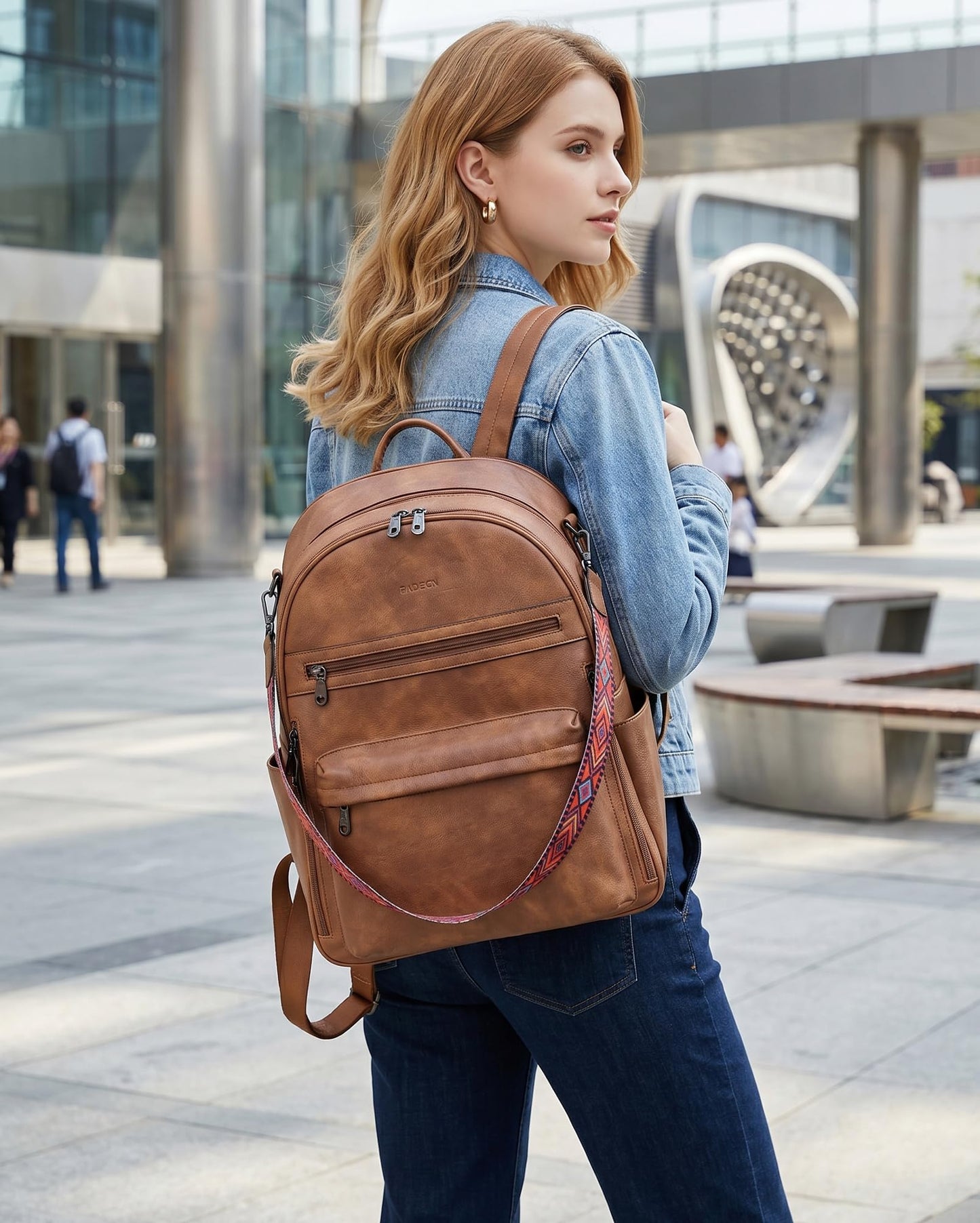 FADEON Laptop Backpack Purse for Women PU Leather 15.6 Computer Bag Desingner Travel Back Pack with Laptop Compartment, 1 Brown Retro Style, 12.6 x 6 x 17.1 inches, Leather Laptop Backpack Purse for
