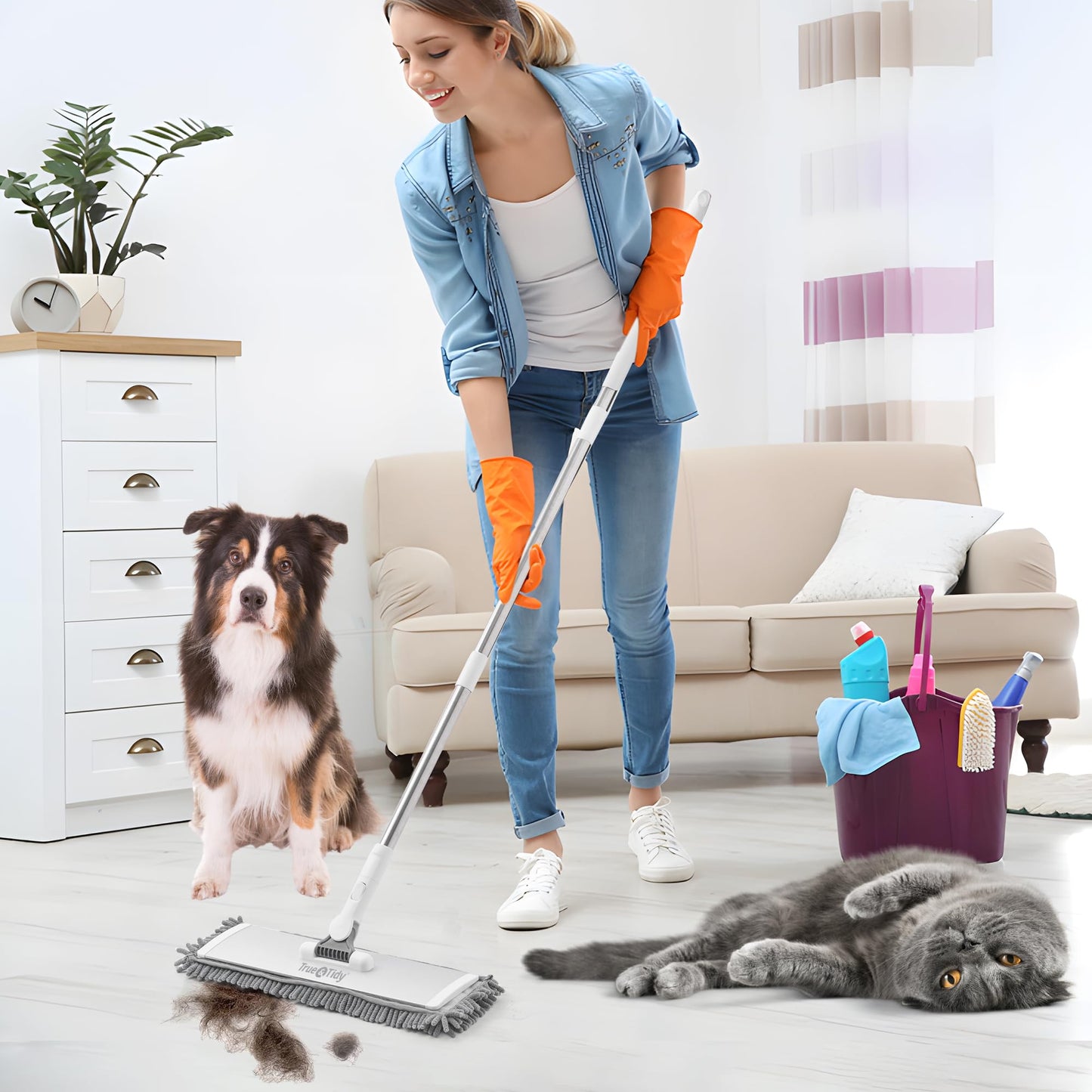 True & Tidy SWEEP-180A Heavy Duty Wet and Dry Sweeper Dust Mop, Includes 1 Microfiber and 1 Chenille Mop Pad, Aluminum Mop Head, for All Types of Floors