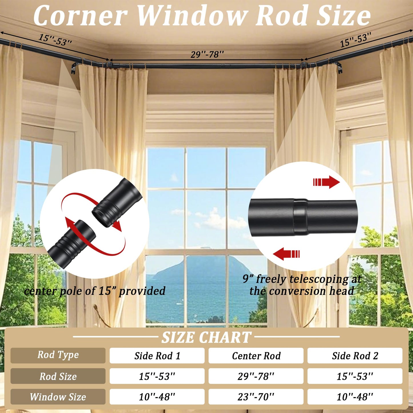 Bay Window Curtain Rods, U shaped Adjustable Curved Curtain Rods for Windows 59 to 184 Inches, Black 1 inch Renter Friendly Heavy Duty Curtain Rods with Brackets for Bedroom, Living Room Curtains