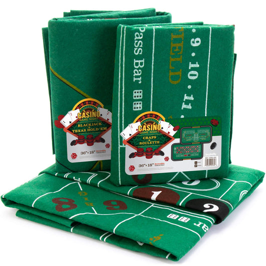 Brybelly 4-in-1 Casino Game Mats - Blackjack, Craps, Roulette & Texas Hold'em - Green Felt Double Sided - 18" x 36" - Perfect for Casino Game Night