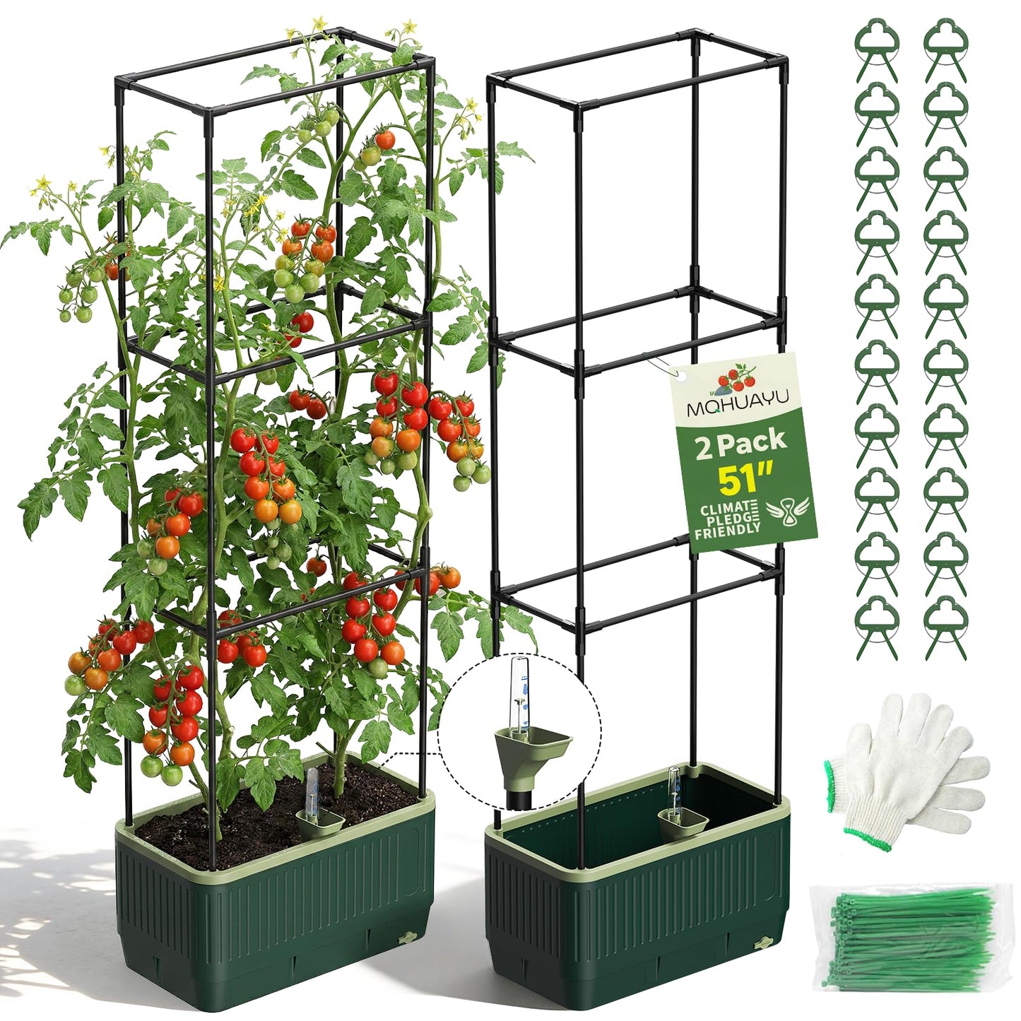 MQHUAYU 2 Pack 51" Self Watering Planter Box with Trellis, Tomato Planter Trellis for Raised Garden Bed, Cage with Visual Water Indicator, Indoor Outdoor Tomato Cages for Garden Patio