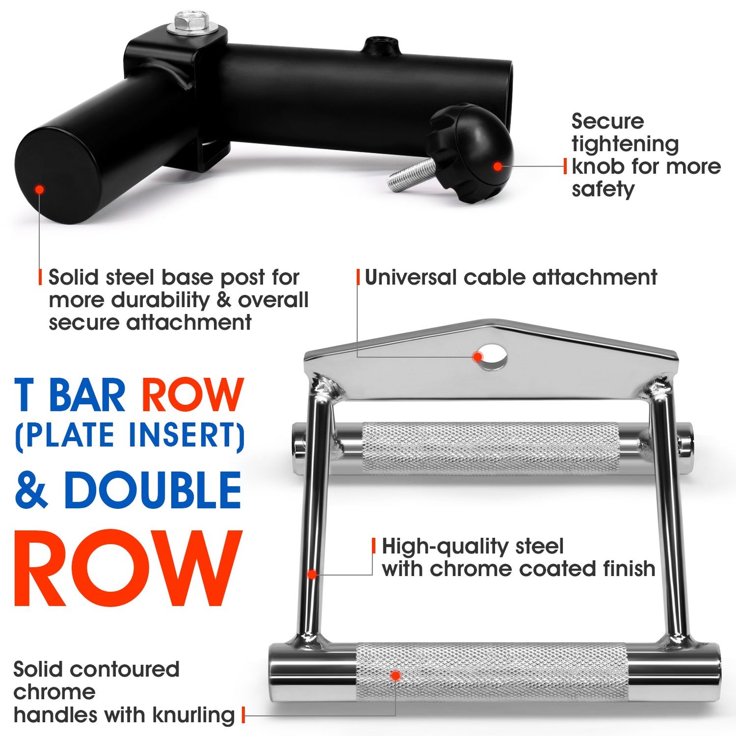 Yes4All Combo T-Bar Row Insert Landmine & Seated Row Double D Handle for Cable Attachment – Double D Row Handle (Chrome)