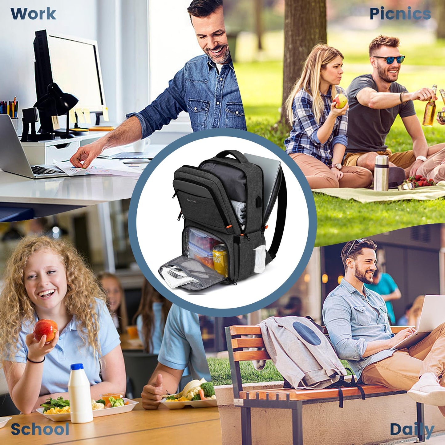 Lunch Backpack, Insulated Cooler Backpack Lunch Box for Men Women, 15.6 Inches RFID Blocking Laptop Backpack with USB Port, Water Resistant Leak-Proof Lunch Bag for Work School Picnics Hiking Black