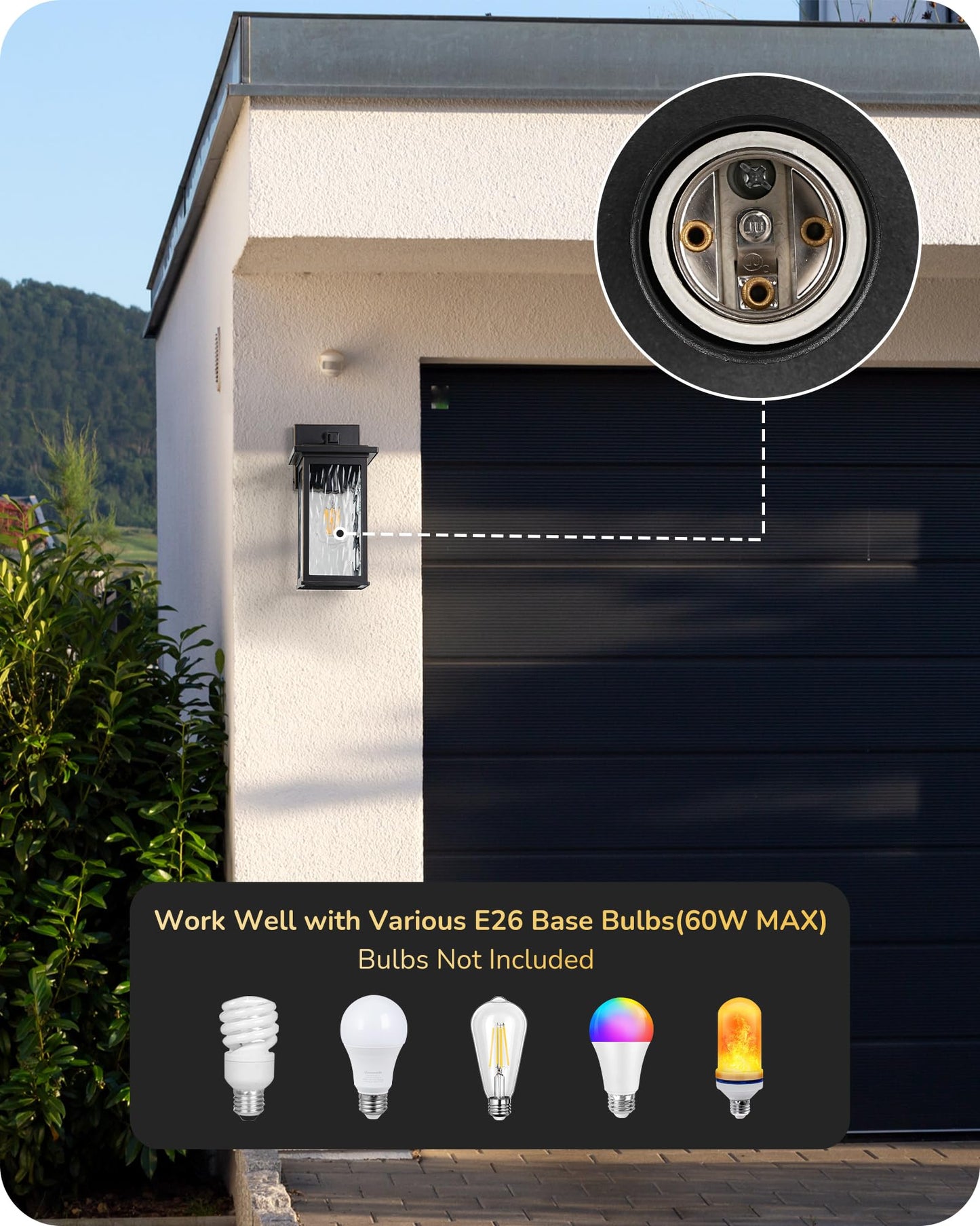 EDISHINE 2 Pack Outdoor Wall Light, Dusk to Dawn Exterior Light Fixture, Modern Porch Light Wall Mount Sconce, Clear Water Ripple Glass, Black Metal Outside Wall Lantern for Front Door Garage Patio