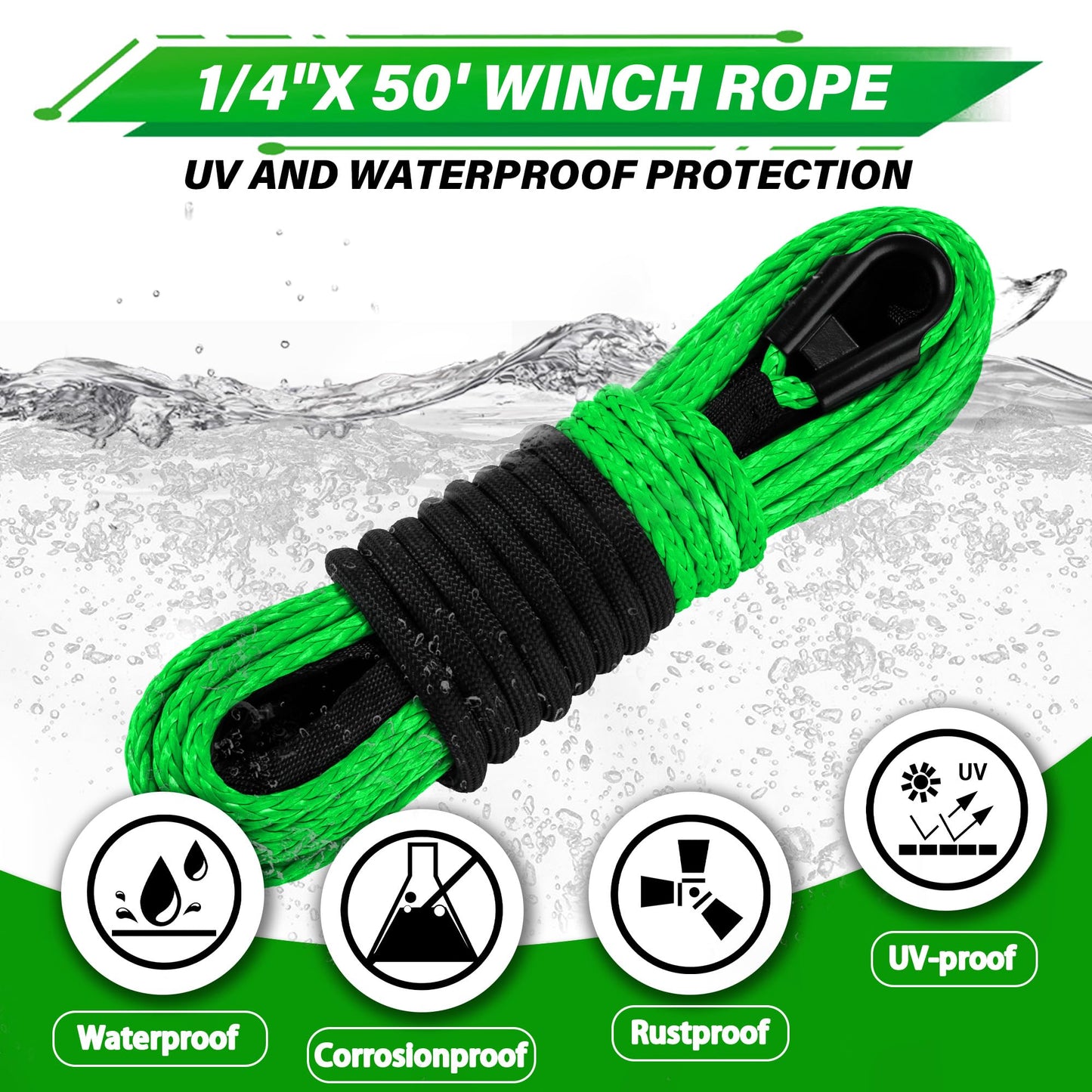 TYT Synthetic Winch Rope Kit, 1/4" x 50' (10,000 lbs) with Protective Sleeve, Heavy-Duty Hook, Rubber Stopper & Safety Pull Strap, for ATV/UTV and Off-Road 4x4 Vehicles (Green)
