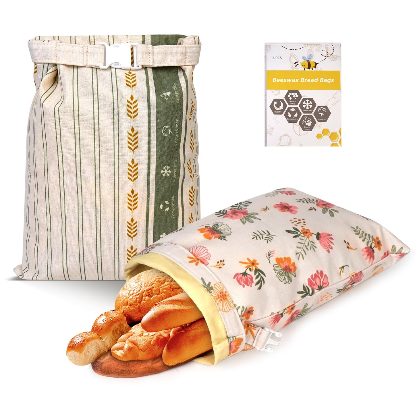 Essovee 2 Pack Cotton Beeswax Bread Bags - Large Reusable Cotton Linen Food Storage Covers for Sourdough & Homemade Bread, Waxed Bags Keep Bread Fresh, Proofing Bag Freezer-Safe, Easy Clean