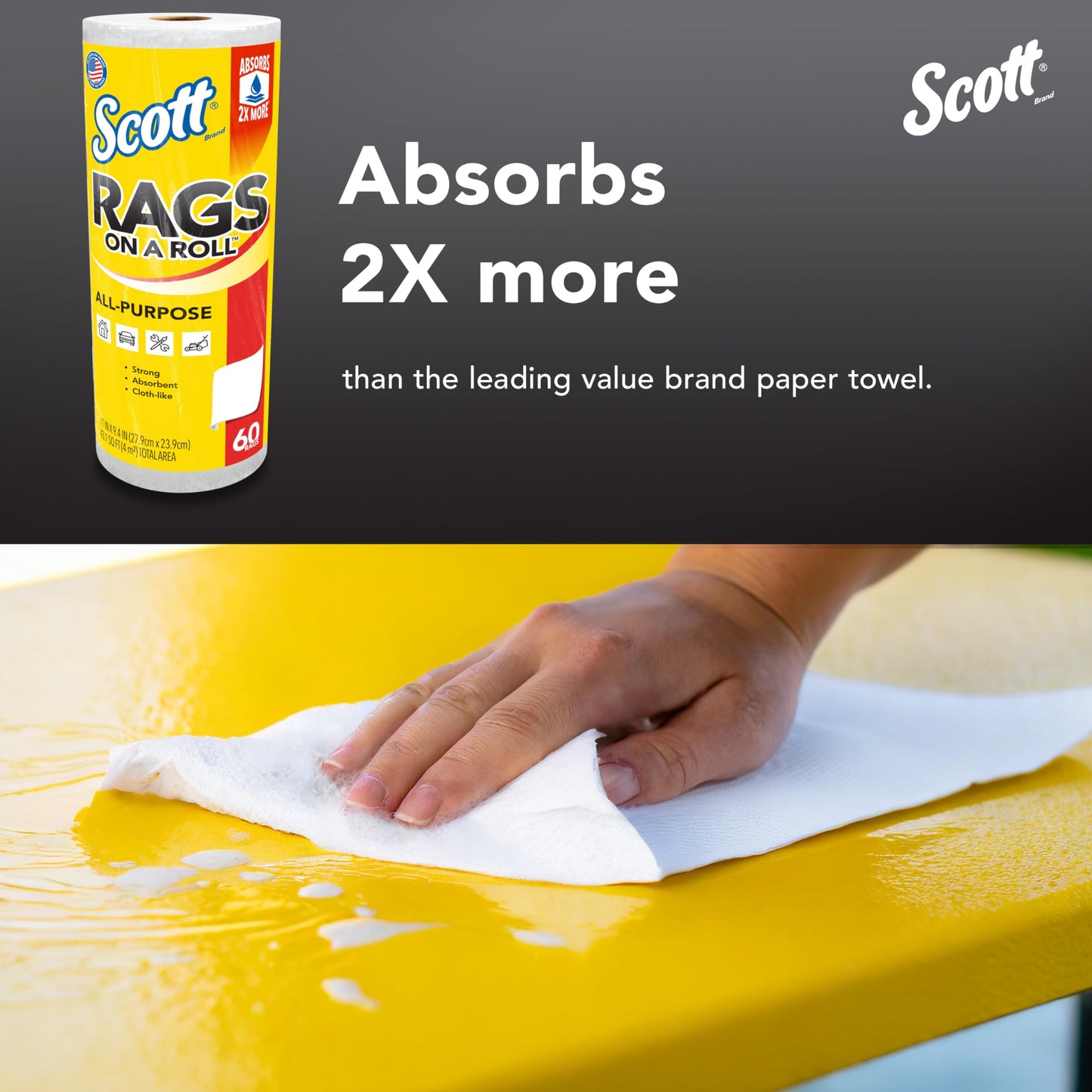 Scott® Rags On A Roll™ (54992), All-Purpose Towels, 9.4"x11" sheets (60 Towels/Roll, 12 Rolls/Case, 720 Towels/Case)