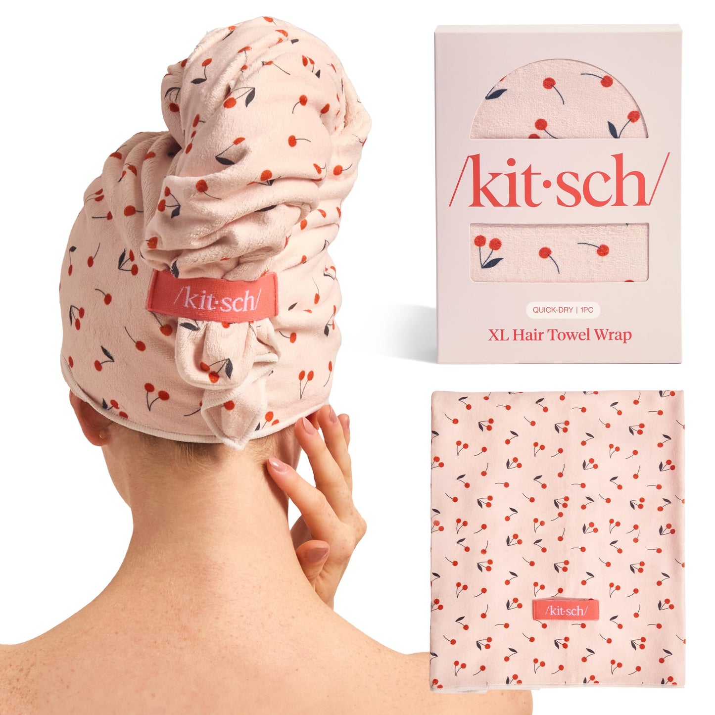 Kitsch XL Microfiber Hair Towel Wrap for Women - Microfiber Towel, Super Absorbent, Quick Dry, Anti-Frizz - for Long and Short Hairs, Turbans for Women, Wet and Curly Hair Wrap - Cherry Print