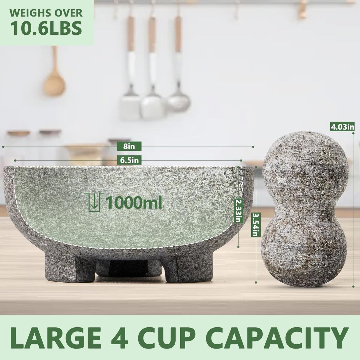 Luvan Large Mortar and Pestle Set 8 Inch Unpolished Granite Non-Slip Base Stone Grinder Molcajete Mexicano Bowl for Guacamole Salsa Spices Pesto, Durable and Easy to Clean