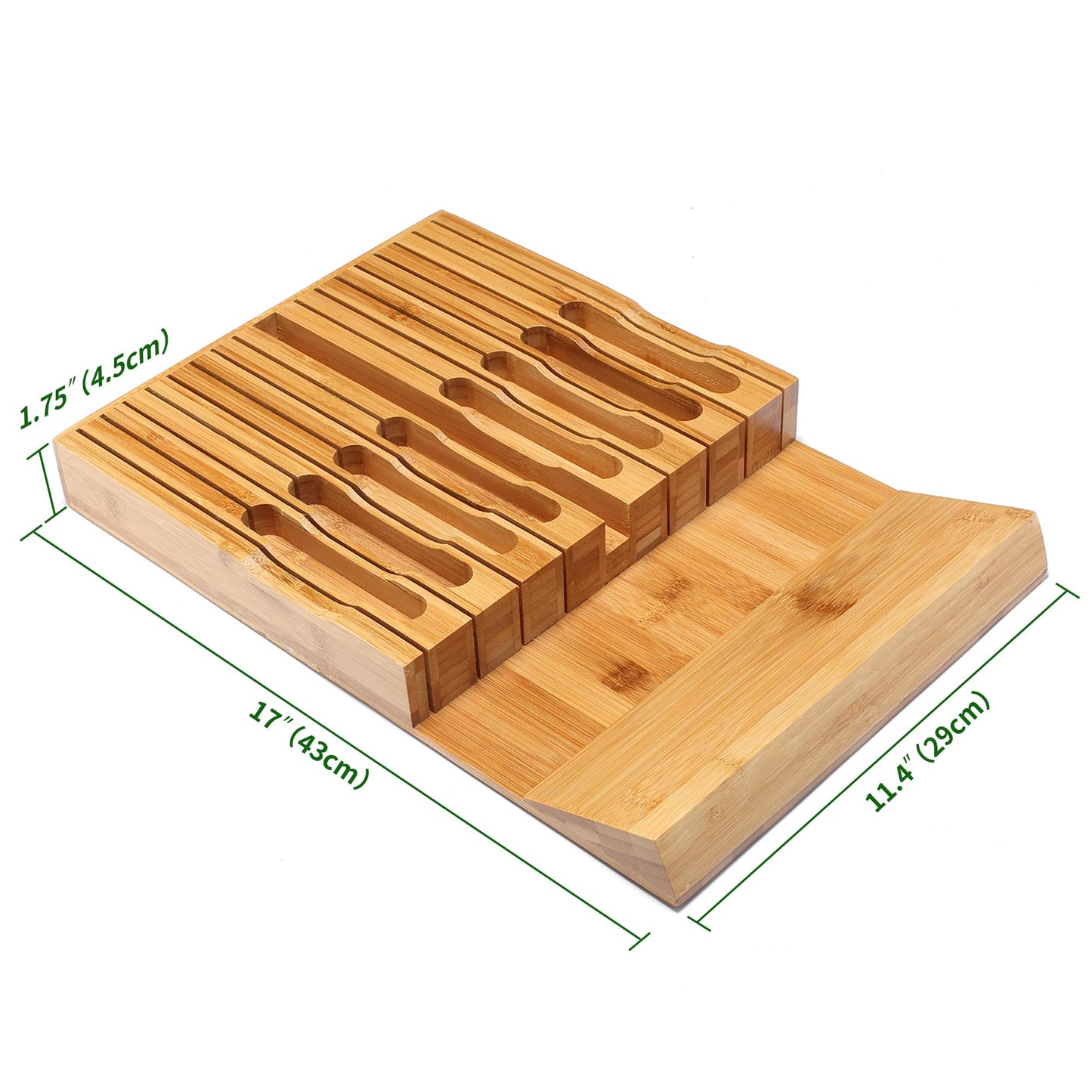 VaeFae Bamboo Knife Drawer Organizer, Knife Drawer Organizer Insert, Kitchen Drawer Knife Block for 16 Knives and a Plus Slot for Your Knife Sharpener (Without Knives)