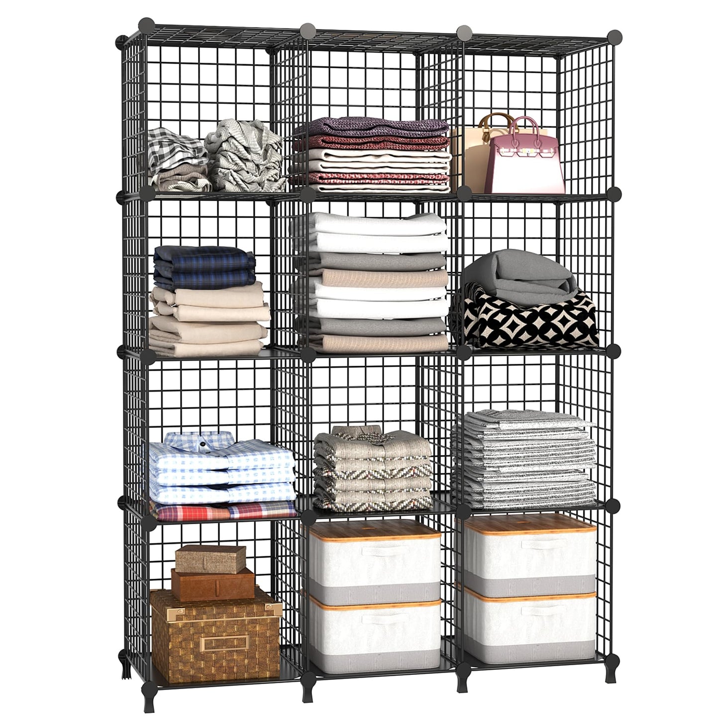 AWTATOS Wire Storage Cubes Closet Shelves Organizer 12 Cube Wire Grids Storage Shelves Metal Cube Storage Organizer Shelving Modular Bookshelf Stackable Bins Shelf for Bedroom, Office, Black