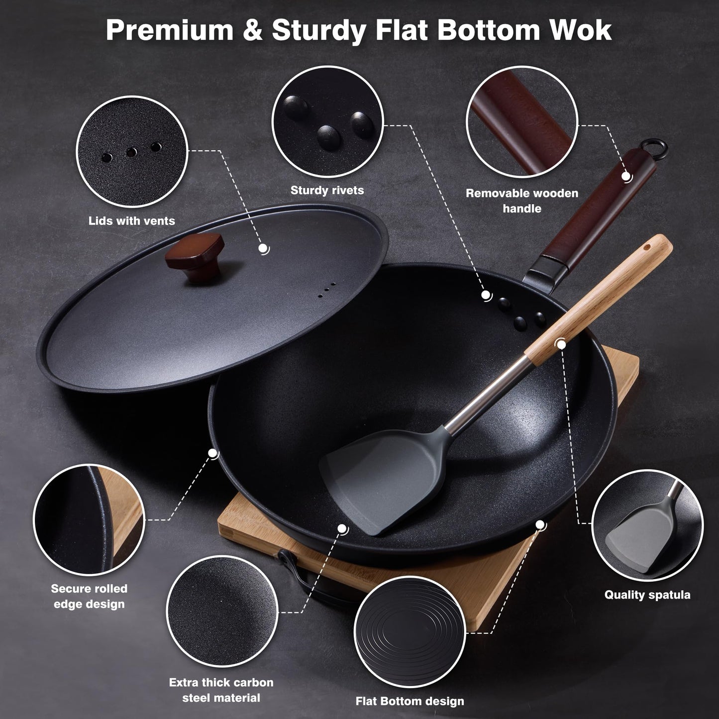 Teewe Carbon Steel Wok -13 Inch Woks & Stir-Fry Pans Nonstick, Wok Pan with Lid Spatula and Dish Brush: Pre-Seasoned Flat Bottom Chinese Wok for Induction, Electric, Gas, All Stoves