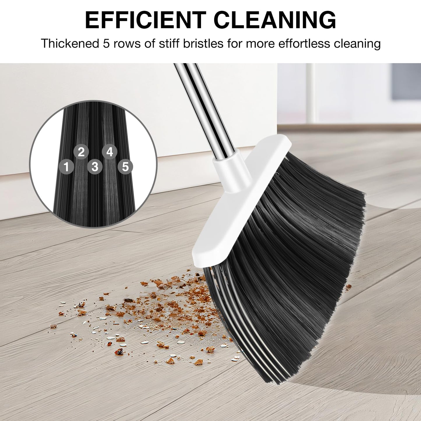 NACENA Broom and Dustpan Set, 52-in Long Adjustable Handle Broom Dustpan Combo with Dustpan Teeth to Automatically Clean Hair Suitable for Home Kitchen Office Hall Floor(Grey&White)