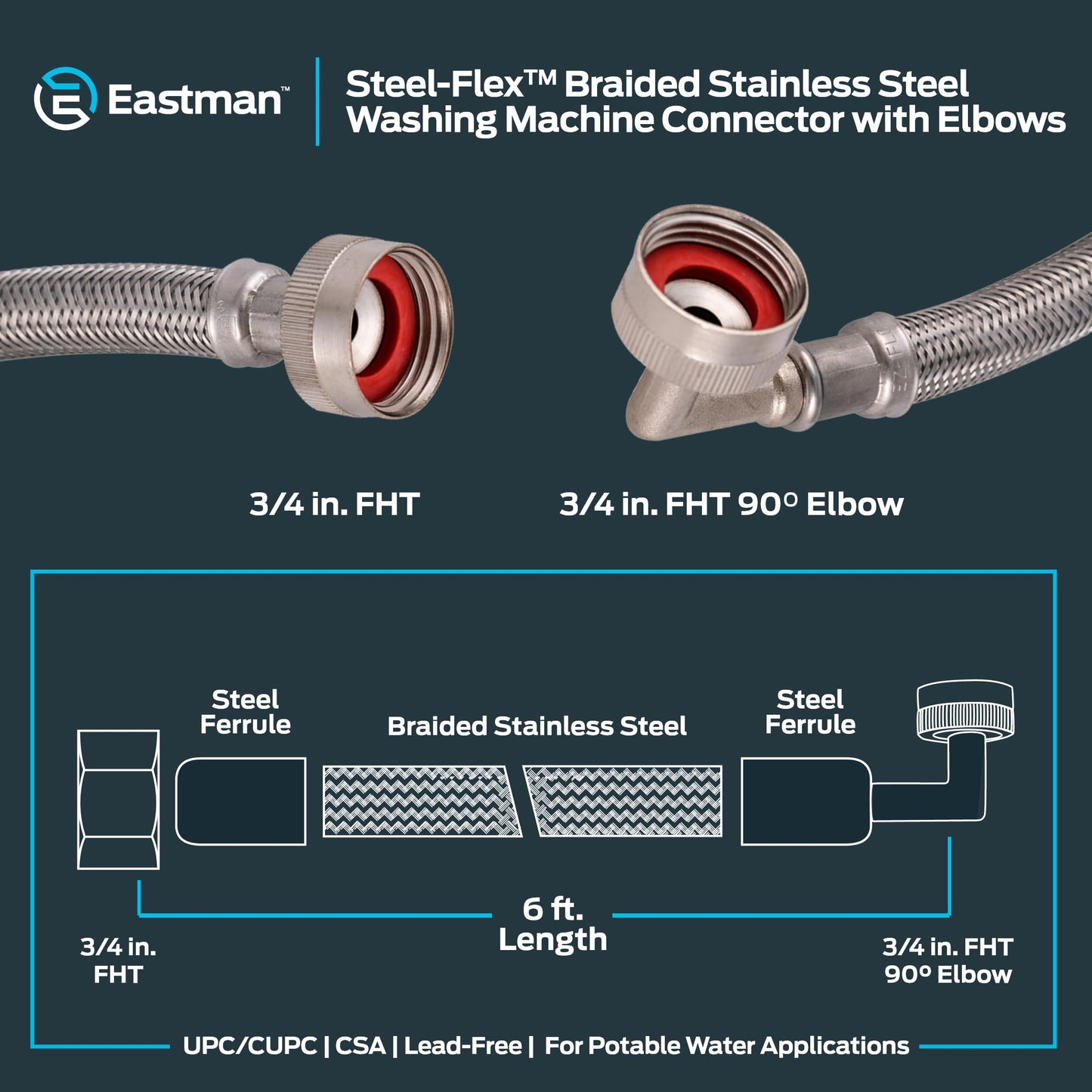 Eastman 41066 Stainless Steel Washing Machine Hose with 90 Degree Elbow, 3/4" X 3/4", 1 Pair