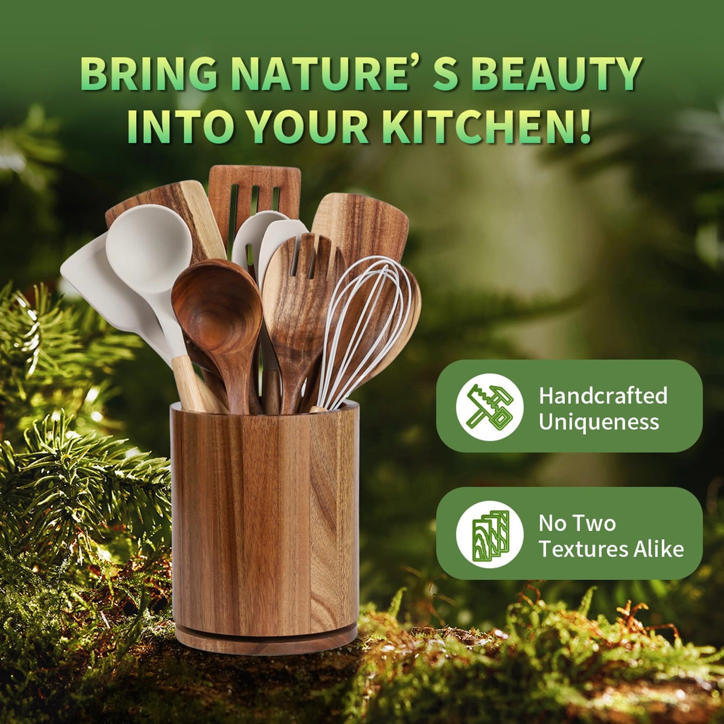 Wooden Utensil Holder, 360°Rotating 7.3'' Large Utensil Holder for Kitchen Counter, Kitchen Utensil Organizer, Cooking Utensil Crock, Farmhouse Kitchens Countertop Decor, Acacia Wood