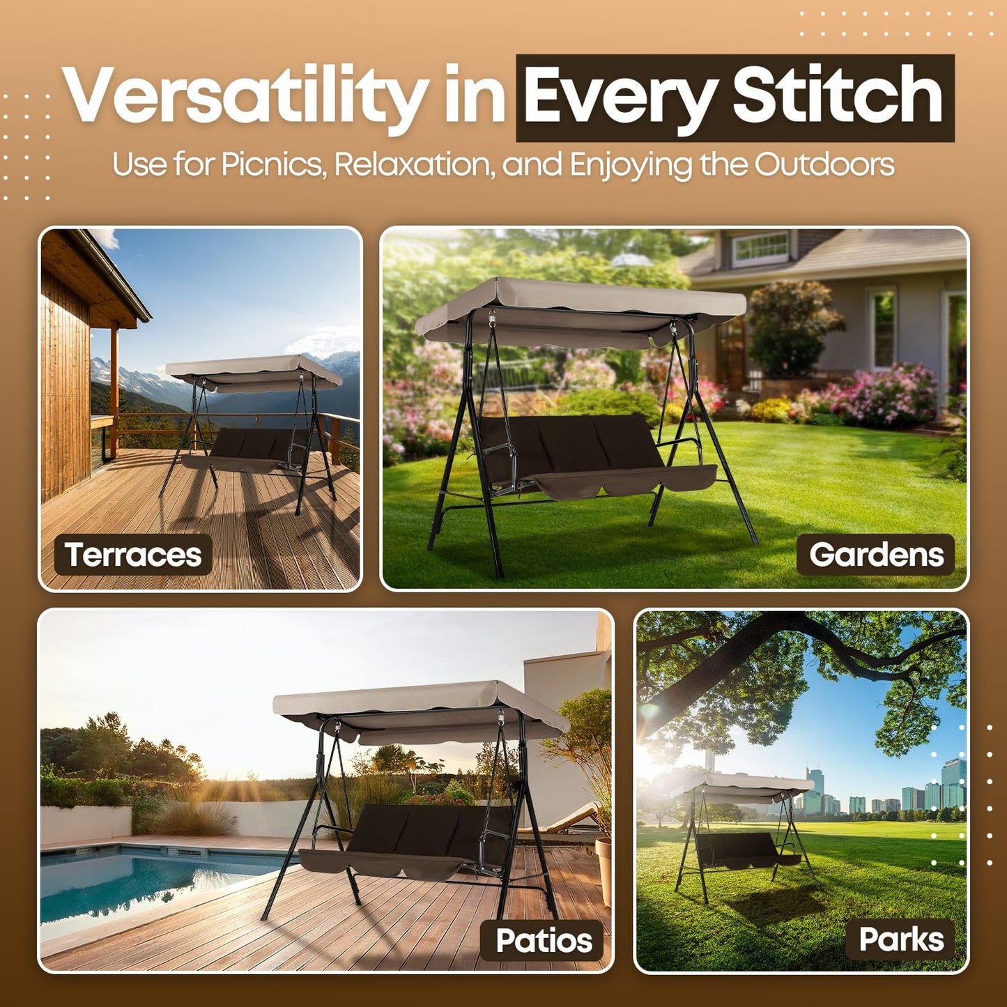 Flexzion Swing Canopy Cover (Beige) 77" x 43" - Deluxe Polyester Top Replacement UV Block Sun Shade Waterproof Decor for Outdoor Garden Patio Yard Park Porch Seat Furniture