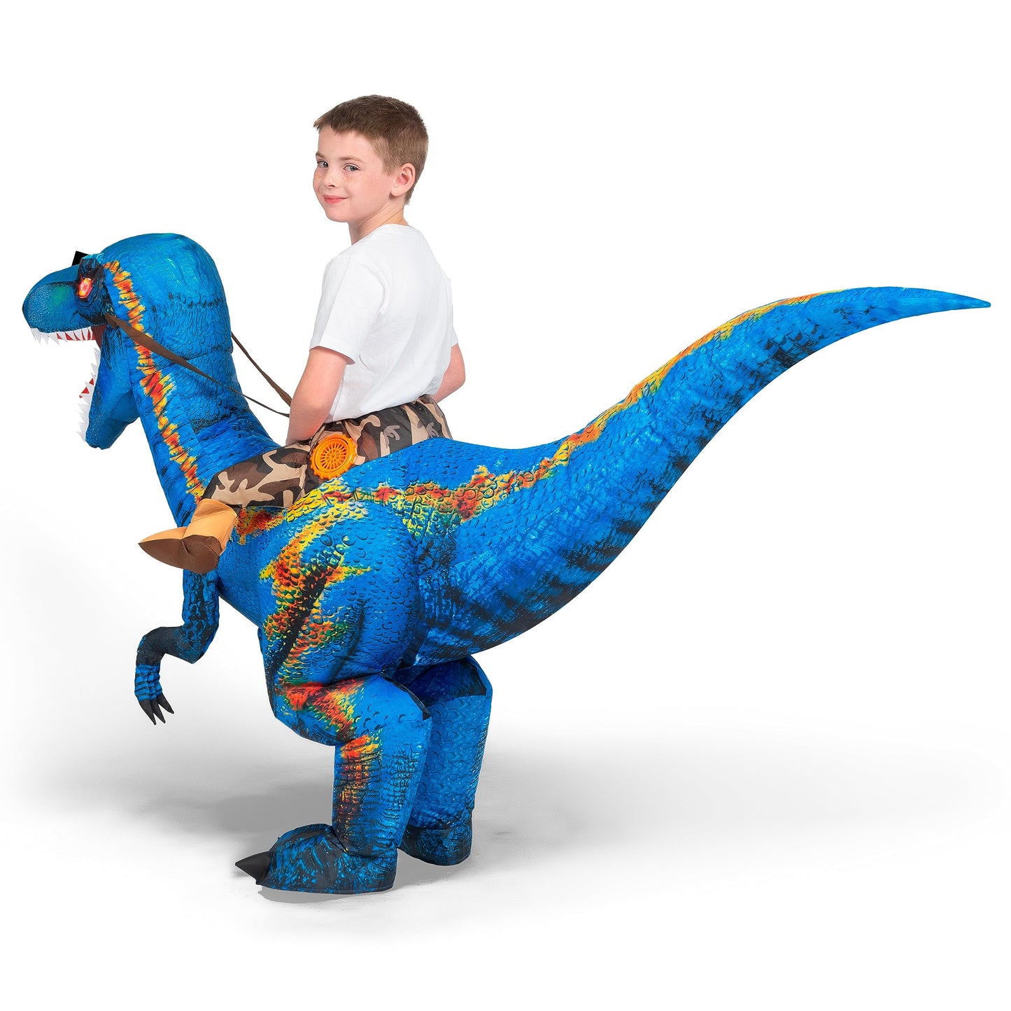Spooktacular Creations Kids Halloween Inflatable Dinosaur Costume, LED Light Eyes Ride-on T-rex(S Blue)