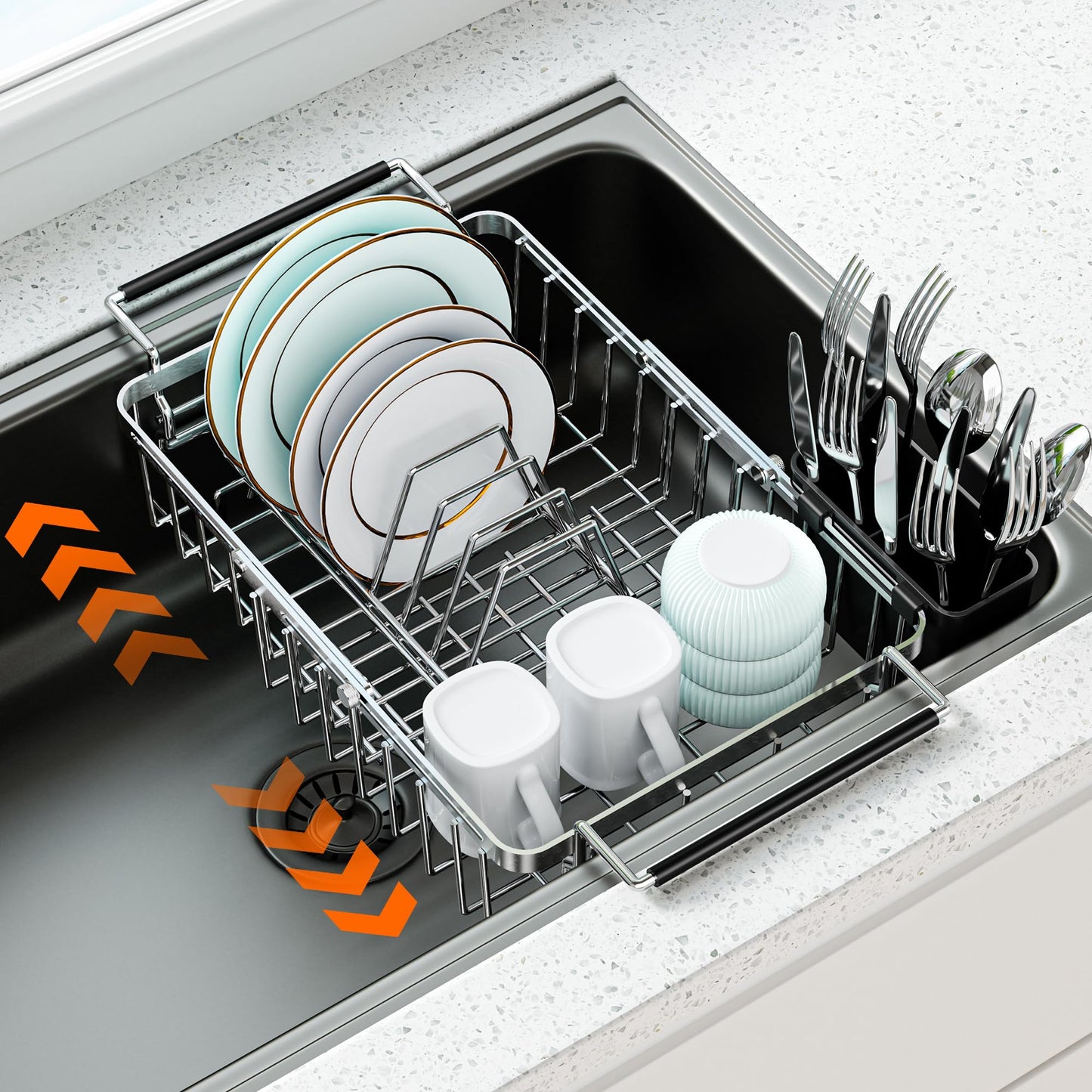 Dolreiik Expandable Dish Drying Rack in Sink,Stainless Steel Over The Sink Dish Drainer Drying Rack for Kitchen Counter,with Utensil Holder,Silver