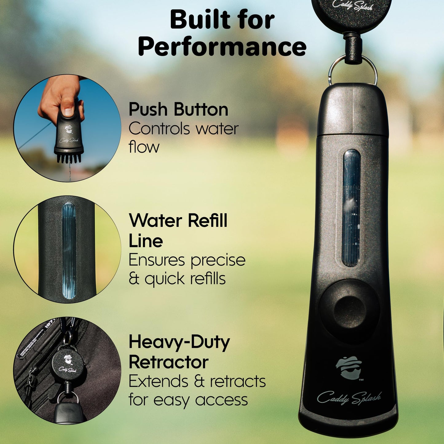 Caddy Splash Golf Club Brush Pro with Water (Black) - Heavy Duty Retractable Clip- Push Button for Easy Cleaning with Nylon Bristles - Holds 4 Oz Water - Golf Accessories - USA Company