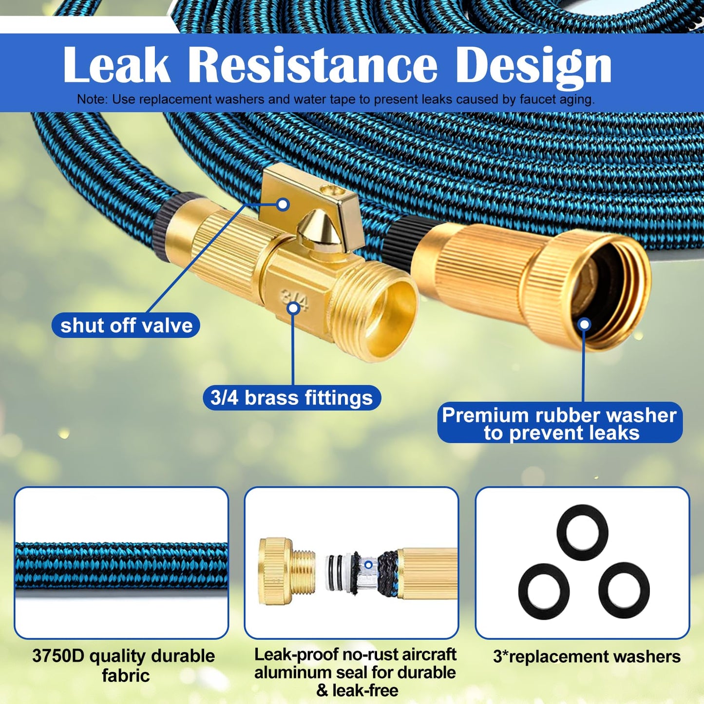 Expandable Garden Hose 100ft Water Hose with 10 Function Nozzle Flexible Expending Hose Kink Free,3-Layers Latex and 3/4 Solid Solid Fittings Retractable Collapsible Gardening Hose Pipe with Hook Blue