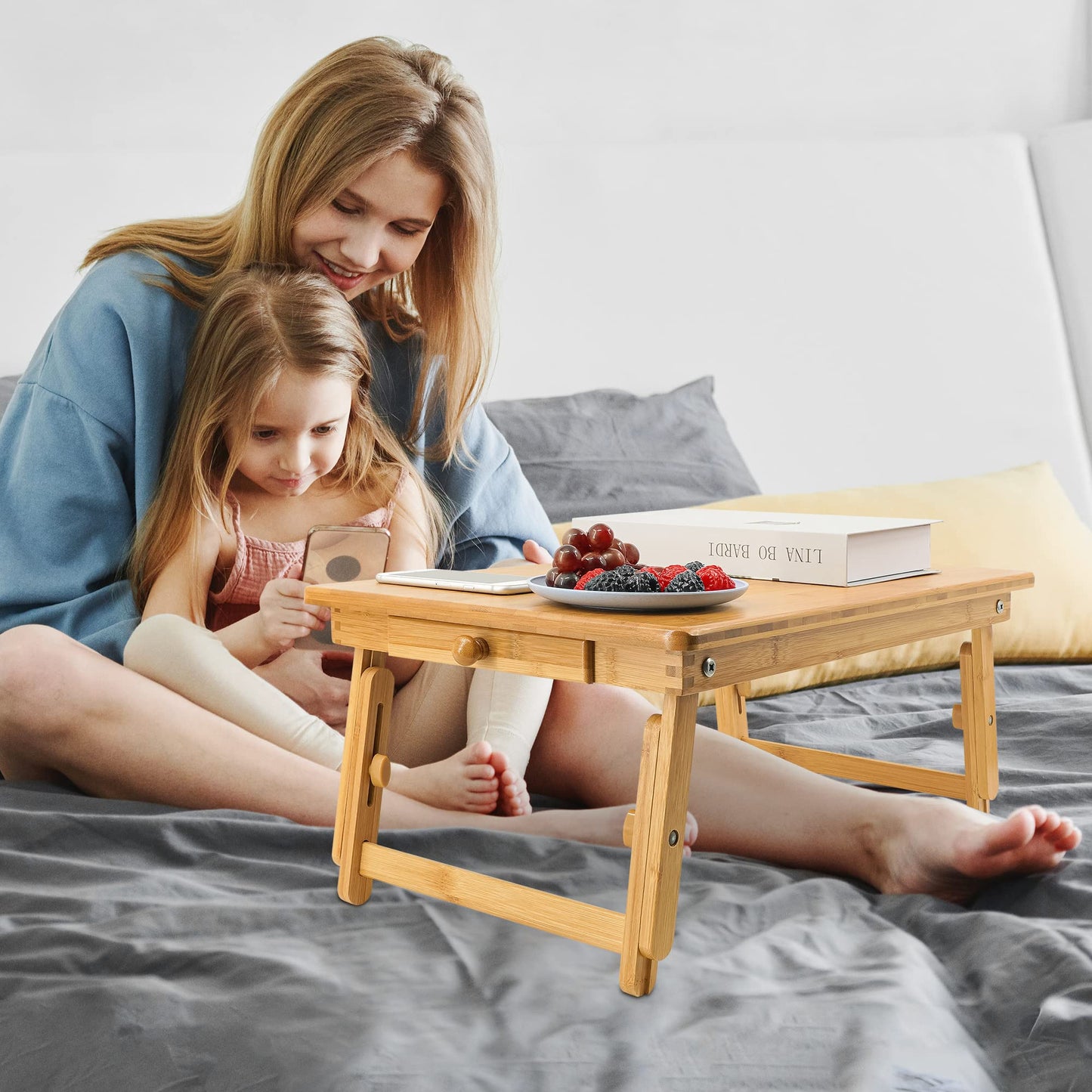 Utoplike Bamboo Laptop Desk for Bed, Tilting Top Bed Serving Tray, Breakfast Table Ajustable Height, Fodable Legs, Storage Drawer, Lap Stand for Reading, Writing, Eating