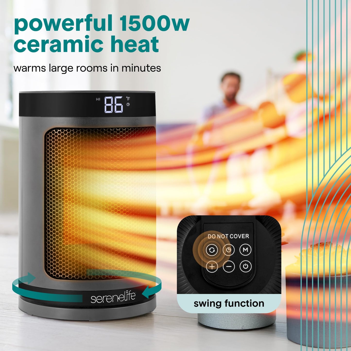 SereneLife Portable Space Heater – 1500W Indoor Electric Heater with Thermostat, Remote Control, 12-Hour Timer, Wi-Fi Enabled PTC Ceramic Heating for Home and Office, Gray (5.9" x 5.9" x 9.5")