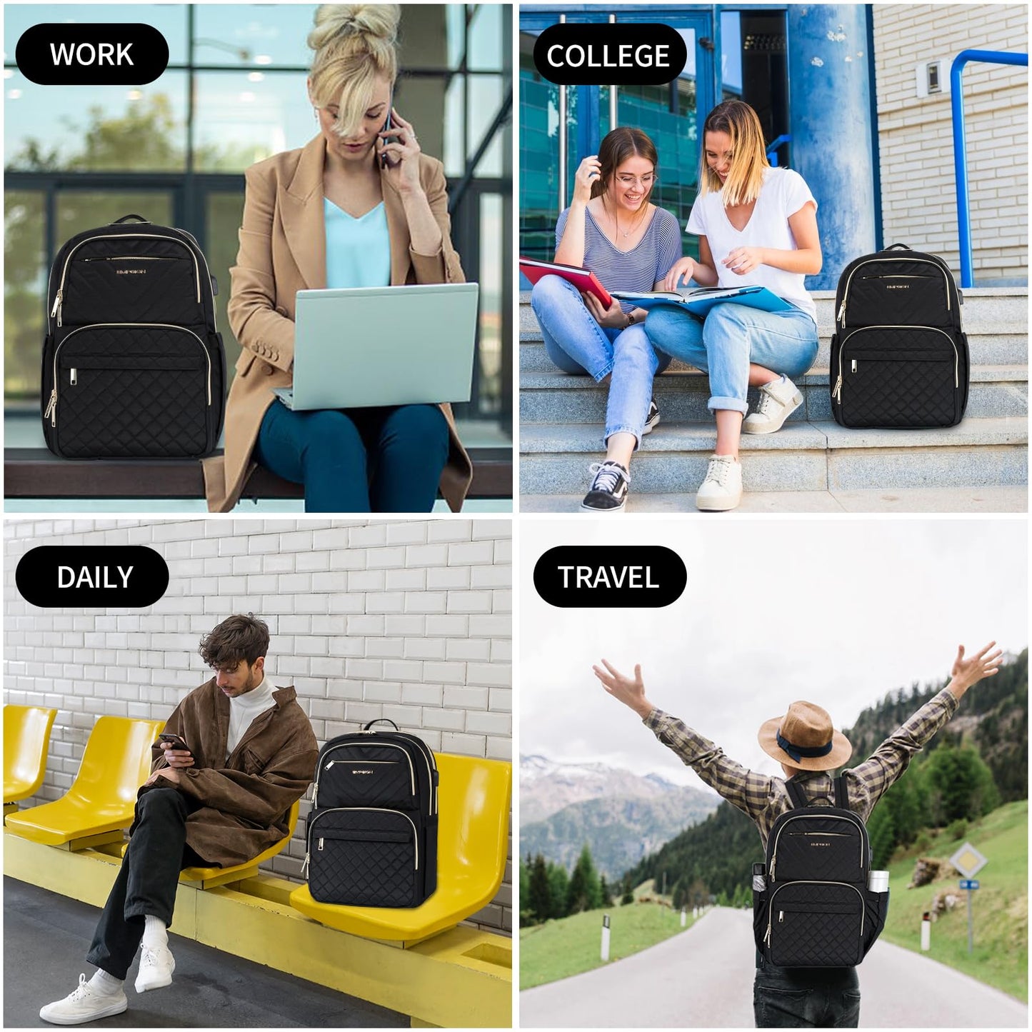 EMPSIGN Laptop Backpack Purse for Women and Men with USB Charging Port, 15.6 Inch Travel Water Resistant Quilted Backpack, High-Capacity 30L Work Business Computer Backpack, Quilted Black