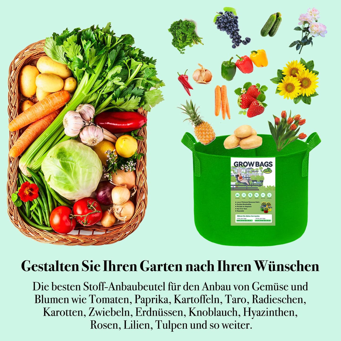 Kopotma 15 Gallon Fabric Grow Bags - Colorful 15Gal Planters for Vegetables, Flowers, Tomatoes - Garden Fabric Pots, 5-Pack