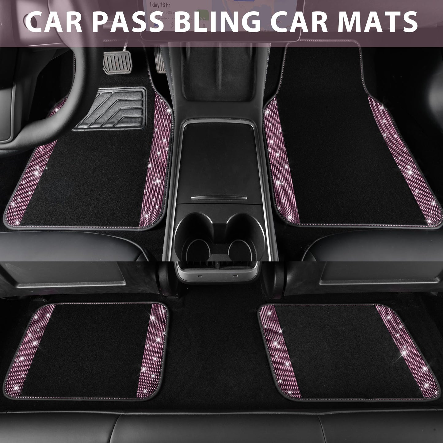 CAR PASS Shining Rhinestones Carpet, Bling Crystal Diamond Sparkly Glitter Car Floor Mat, Anti-Slip PVC Heel Pad Automotive Universal Fit for SUV Sedan Car Van, 4pcs for Girl Cute Women (Black Pink)