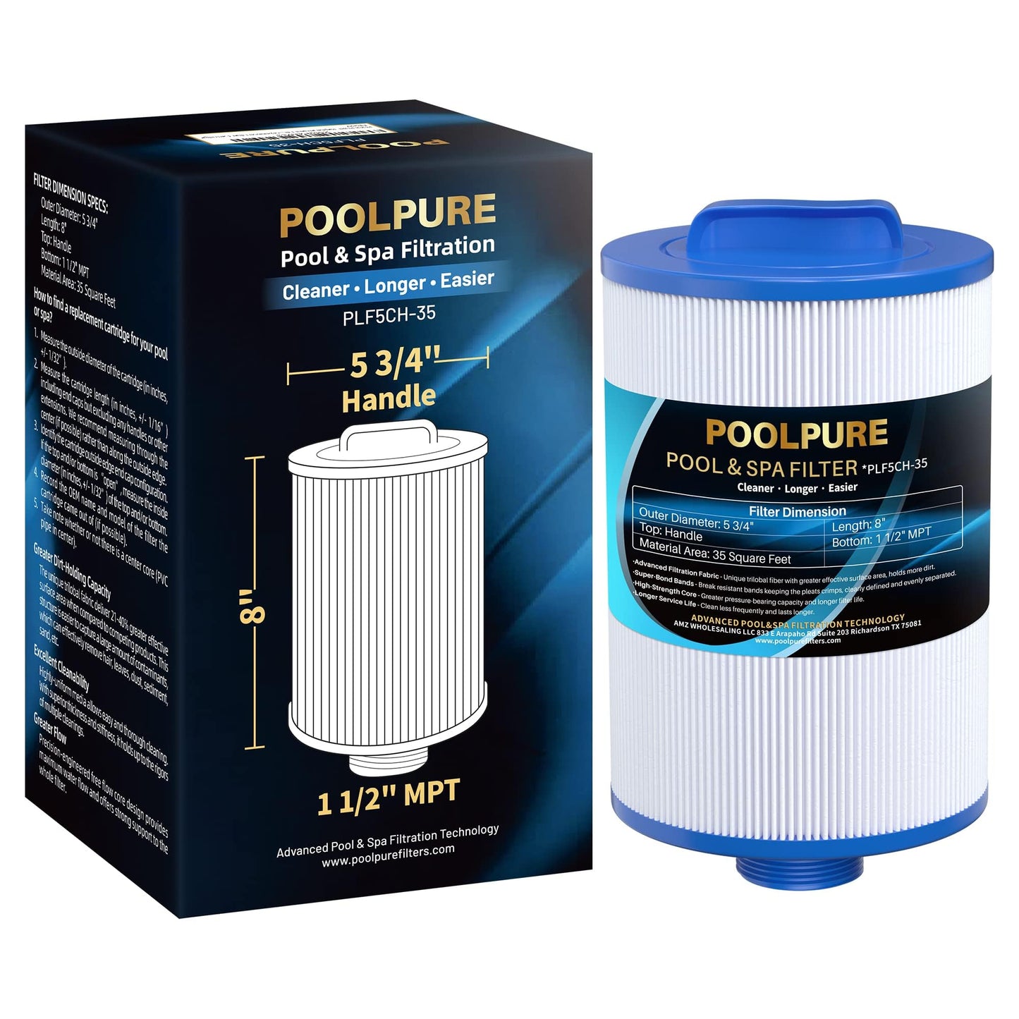 POOLPURE Replacement Filter for PMAX50P4, Unicel 5CH-35,Filbur FC-0300, Baleen AK-90109, Excel Filters XLS-526, Darlly 50353, Pure N Clean PC-0300, SD-00780, SD-00650 Filter Cartridge (1 1/2" MPT)