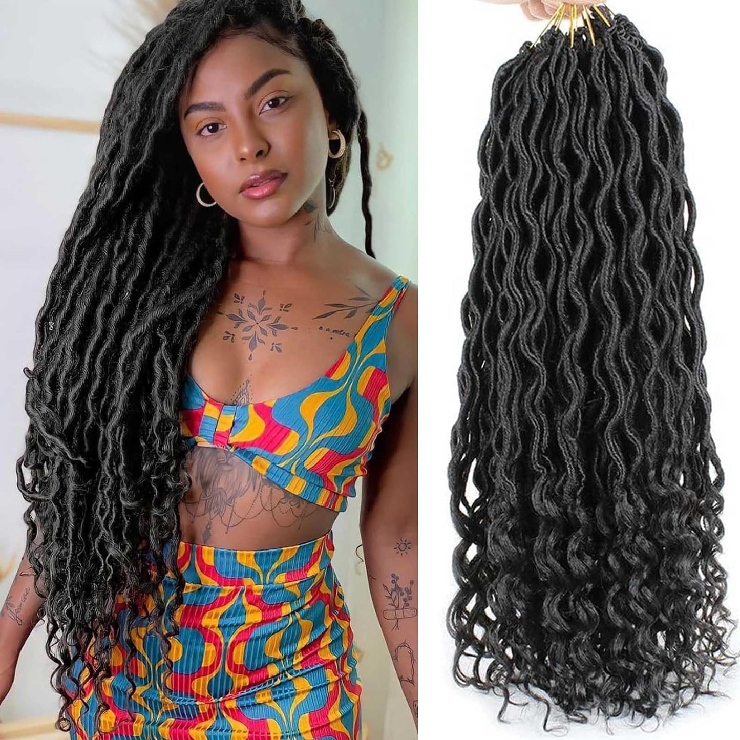 Xtrend 24 Inch 6 Packs Long Black Goddess Faux Locs Crochet Braids Curly Ends Wavy Synthetic Braiding Hair Extension for Black Women Dreadlock Braiding Hair 20 Strands/Pack 1B#