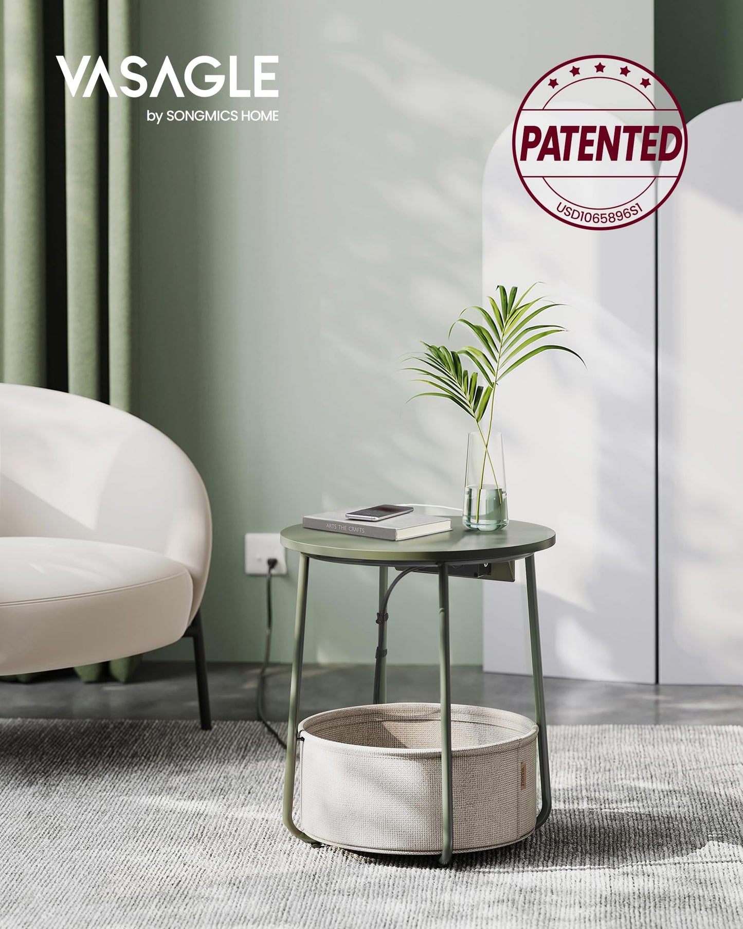 VASAGLE LILEA Collection - Small Round Side End Table with Charging Station, Modern Nightstand with Fabric Basket, USB Ports, Forest Green and Cream White ULET228C04